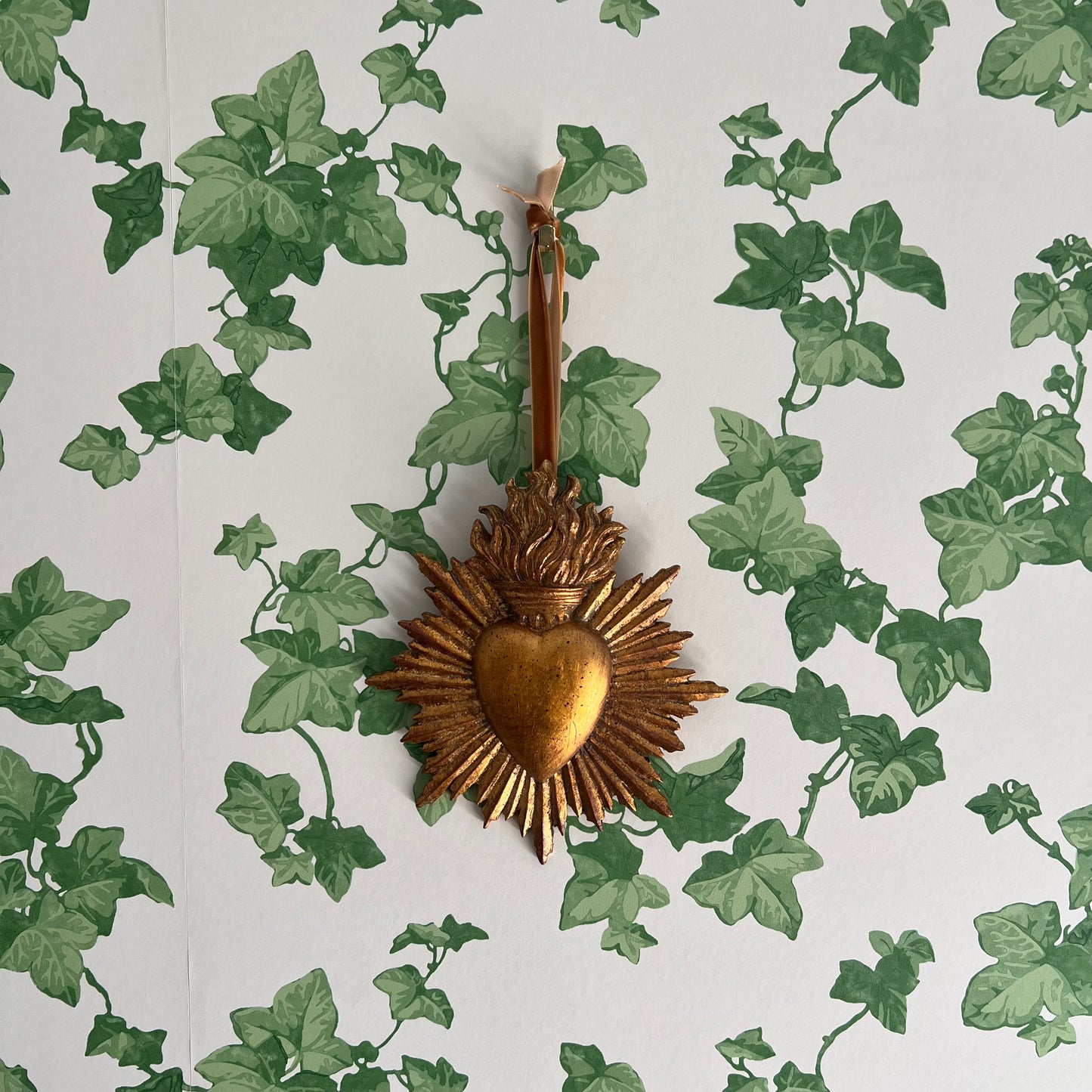 Golden Sacred Heart with Flame & Velvet Ribbon