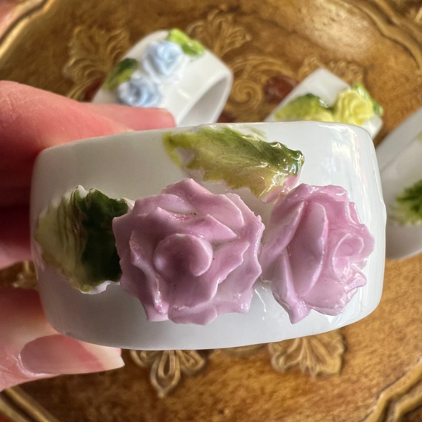 Vintage Porcelain Rose Napkin Rings Set 4
