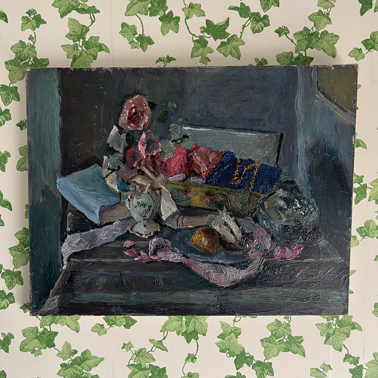 Vintage Oil Painting Still Life Ribbons Shells and Rose French 1960