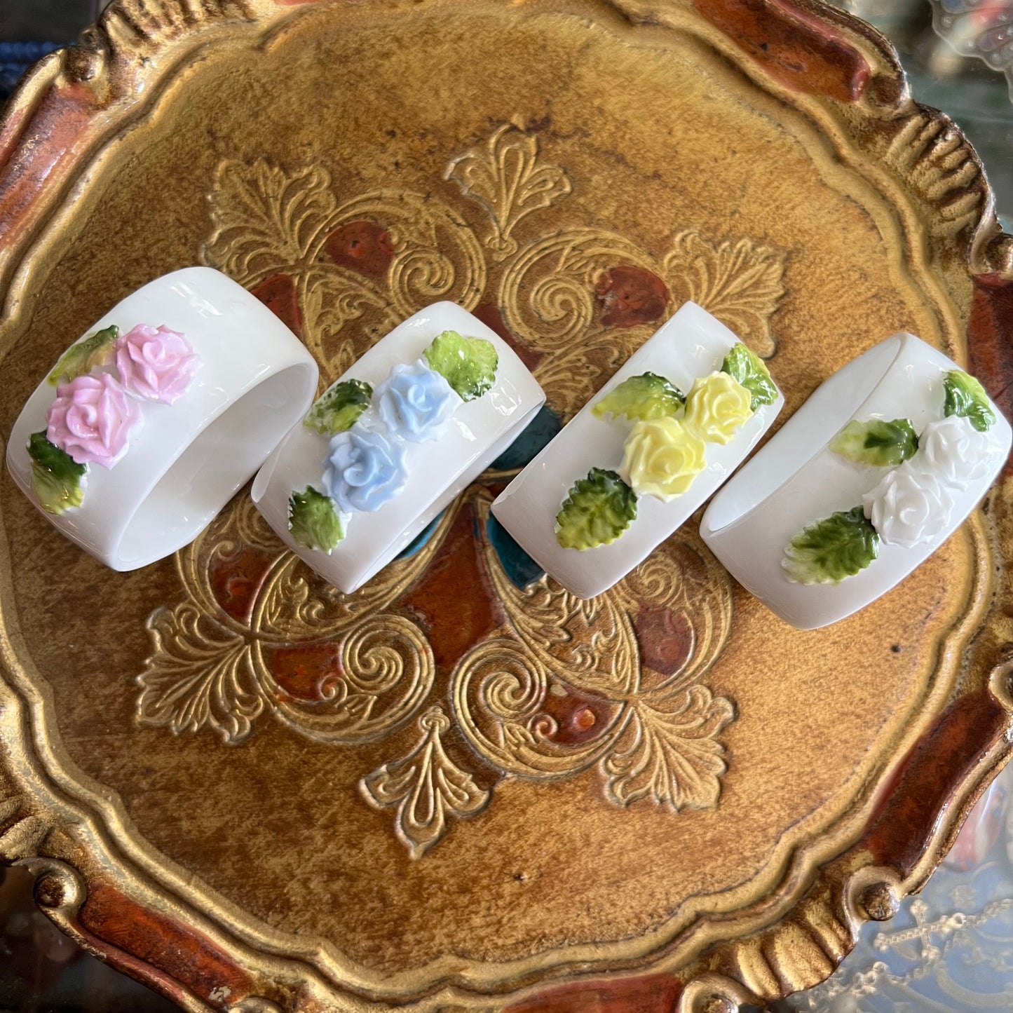 Vintage Porcelain Rose Napkin Rings Set 4