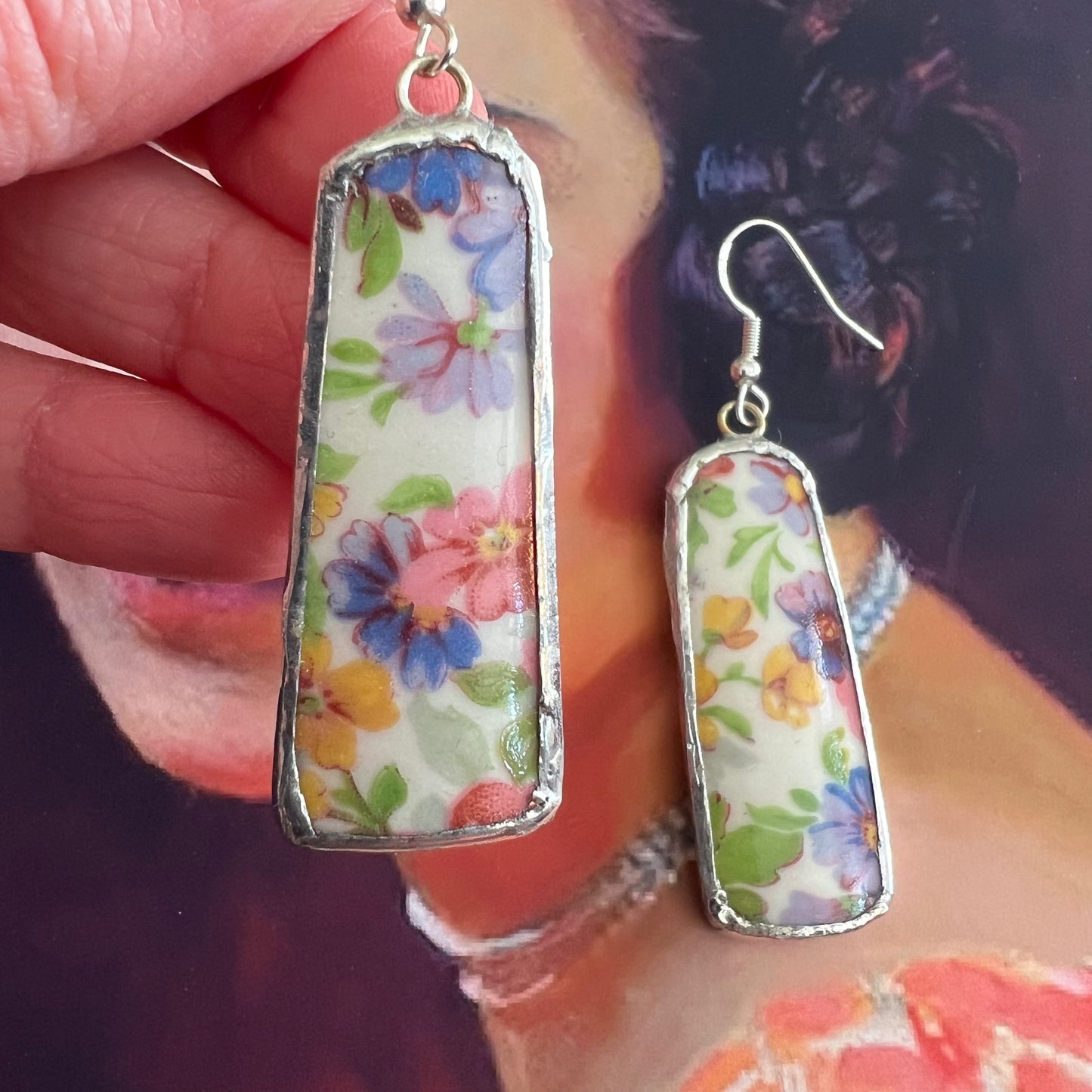 Vintage China Earrings Multi coloured Flowers