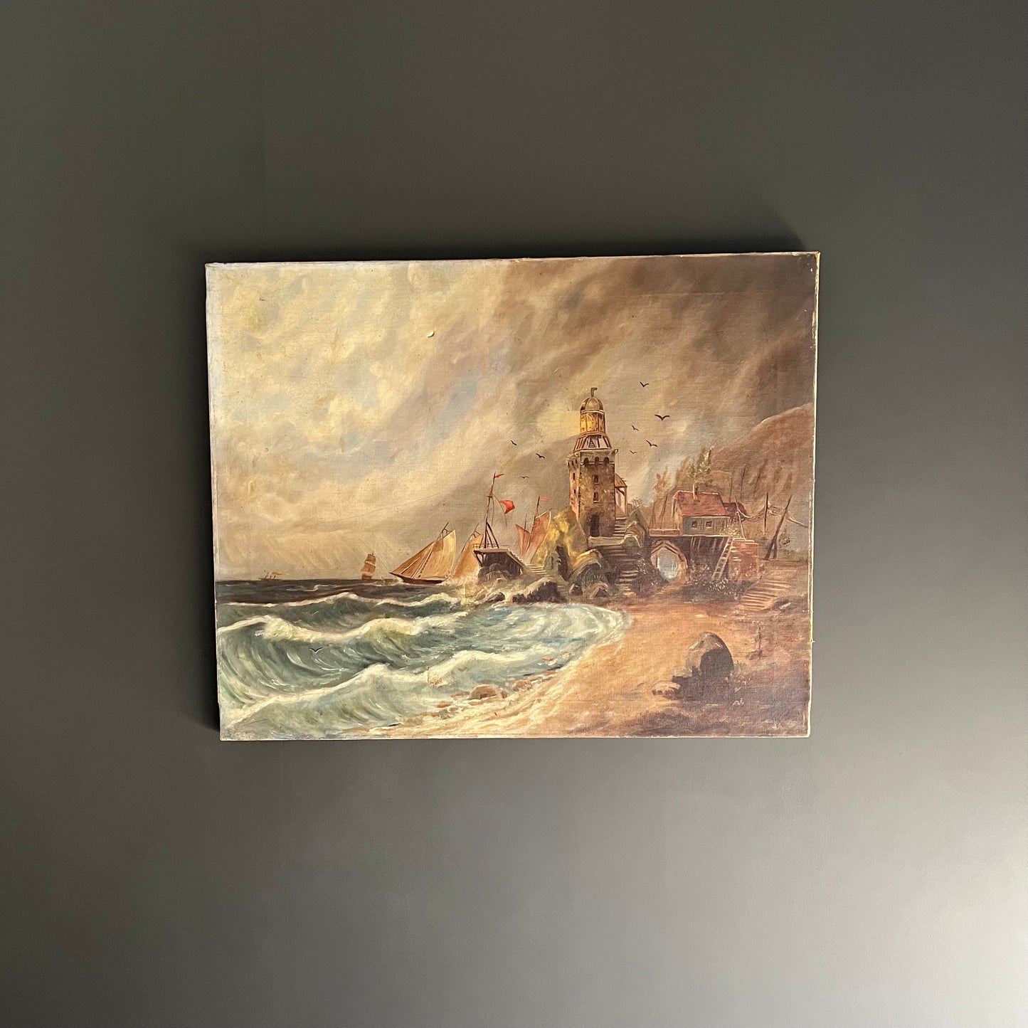 Large Rustic Antique Oil Painting Seascape Ships near the Shore with Lighthouse