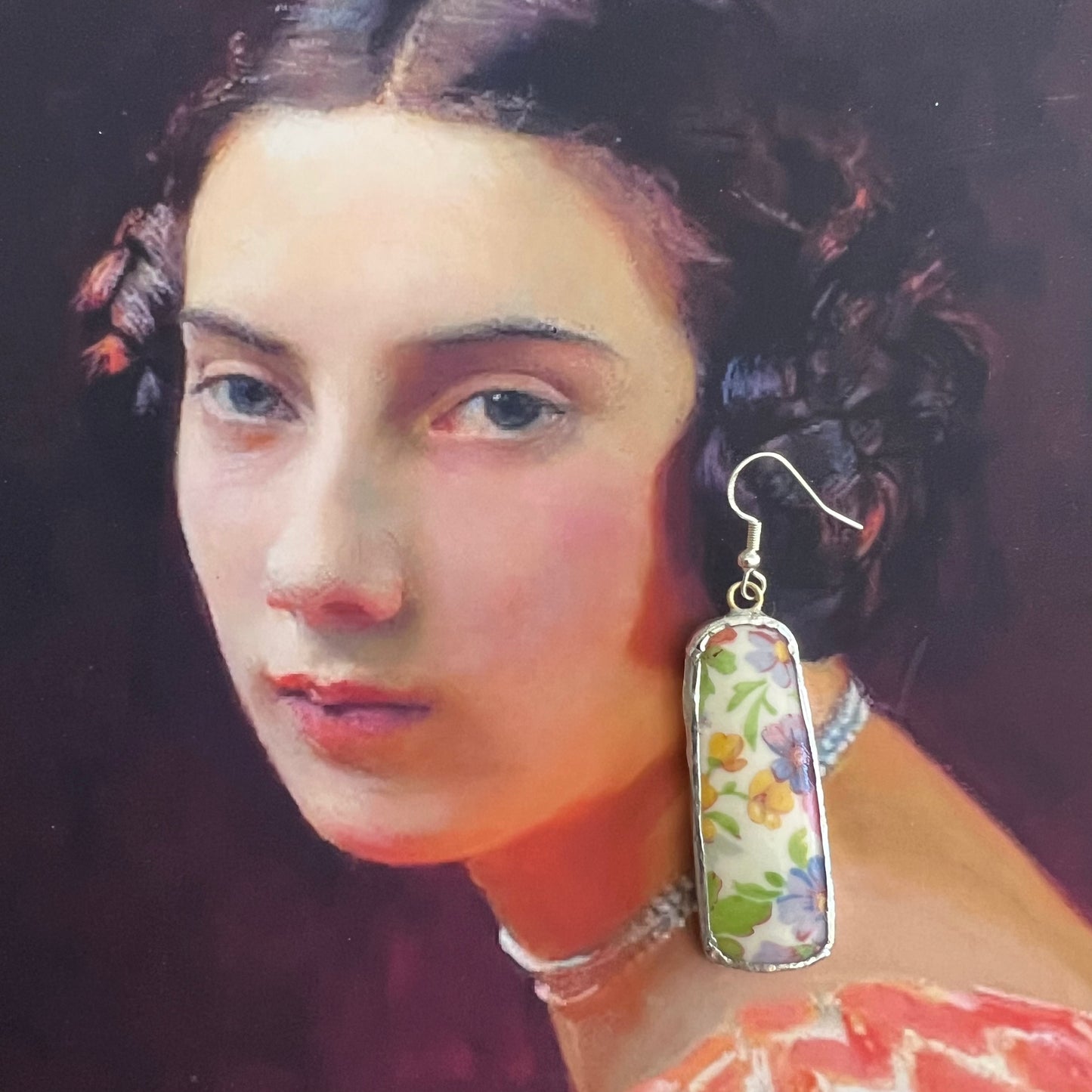 Vintage China Earrings Multi coloured Flowers