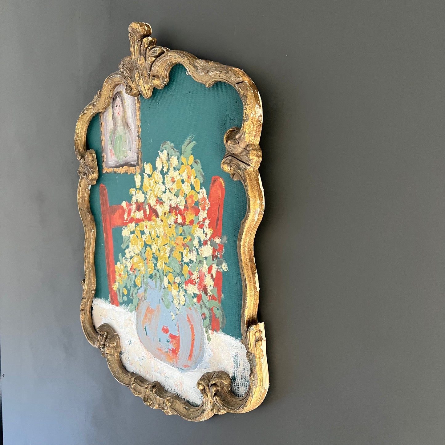 Vintage Painting Interior Scene Flowers with Red Chair and Portrait
