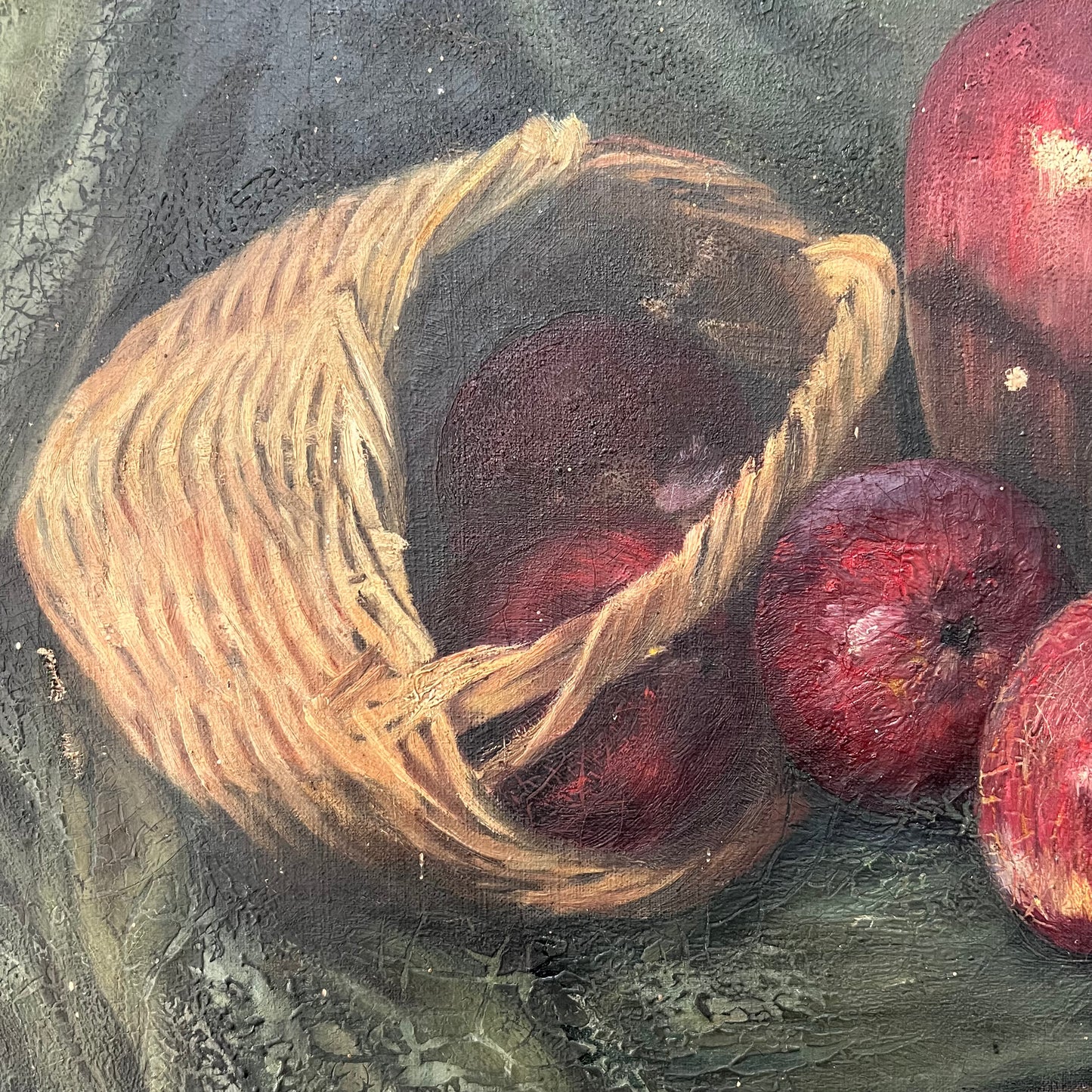 Rustic Antique Oil Painting Still Life of Vase, Apples & Basket