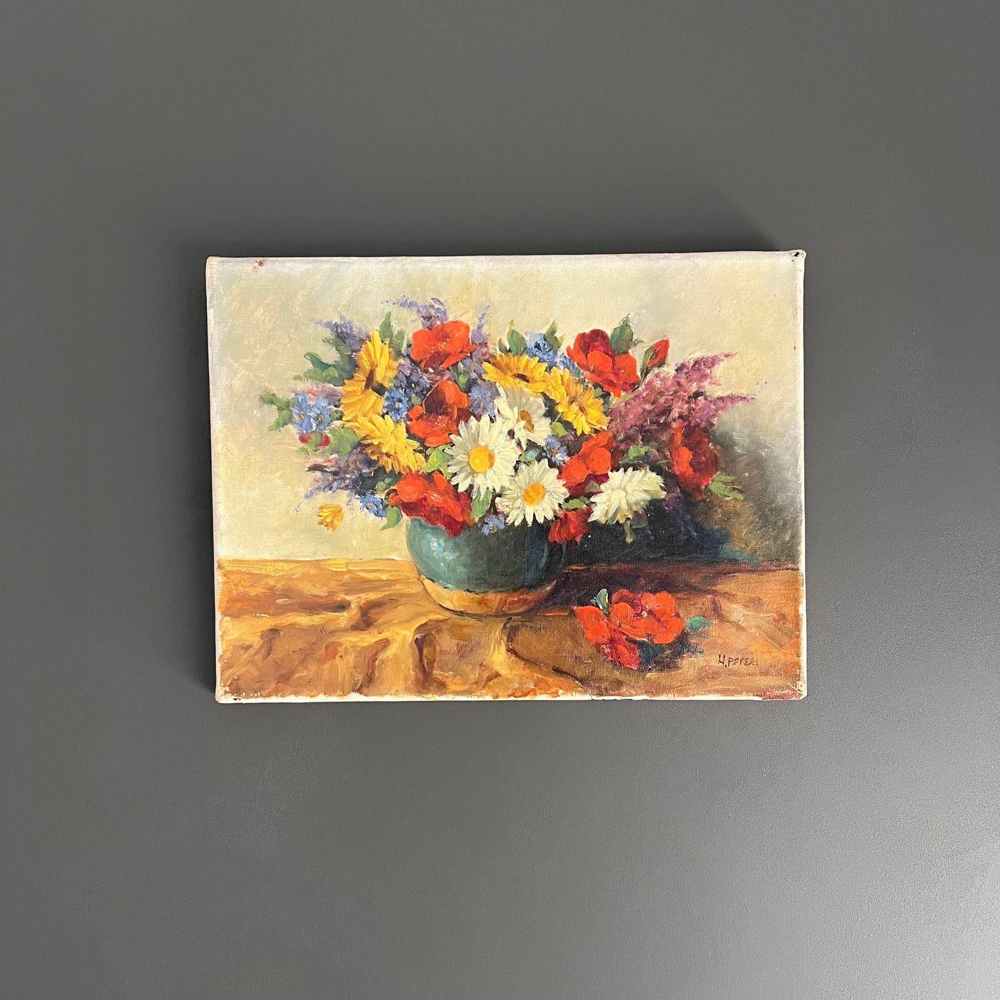 Vintage Oil Painting Still Life Bright Blooms in Pottery Vase