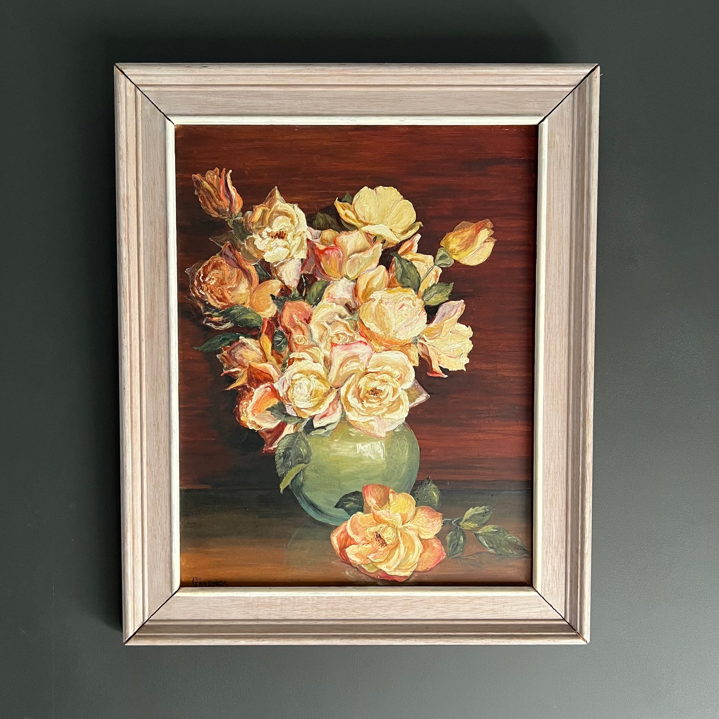 Vintage Oil Painting Still Life Golden Roses in Green Vase 1972
