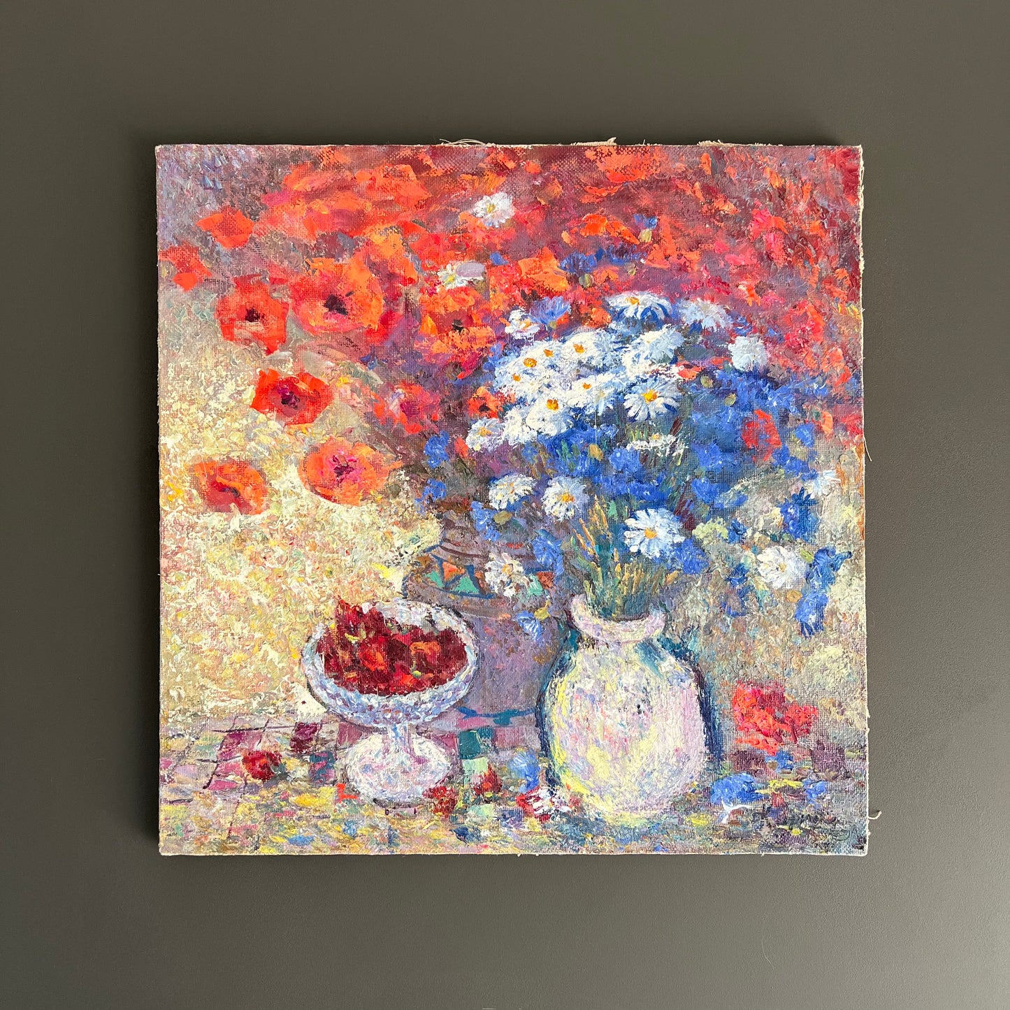 Vintage Still Life Painting Poppies, Daisies & Cherries