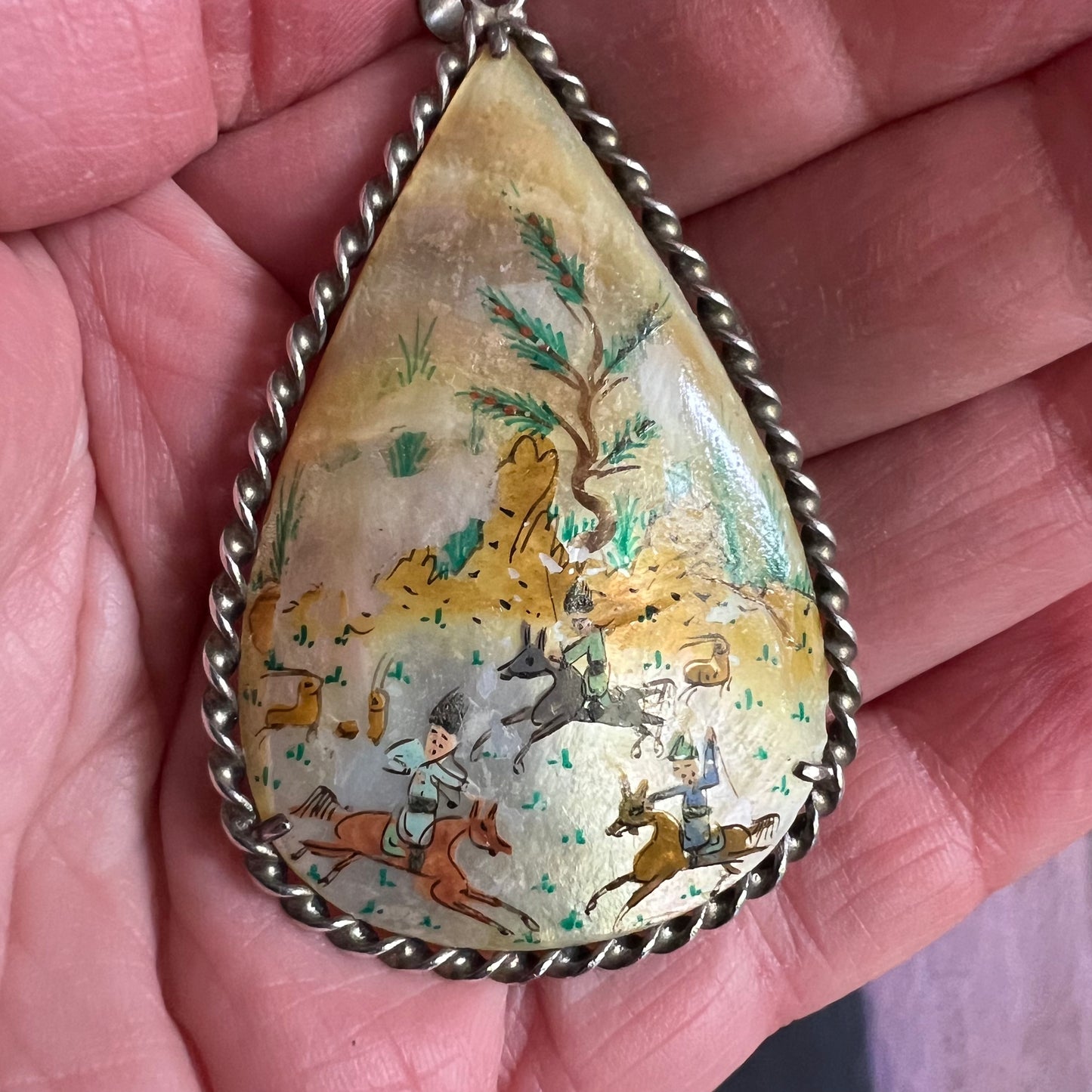 Vintage Persian Sterling Silver Mother of Pearl Double Sided Hand Painted Pendant