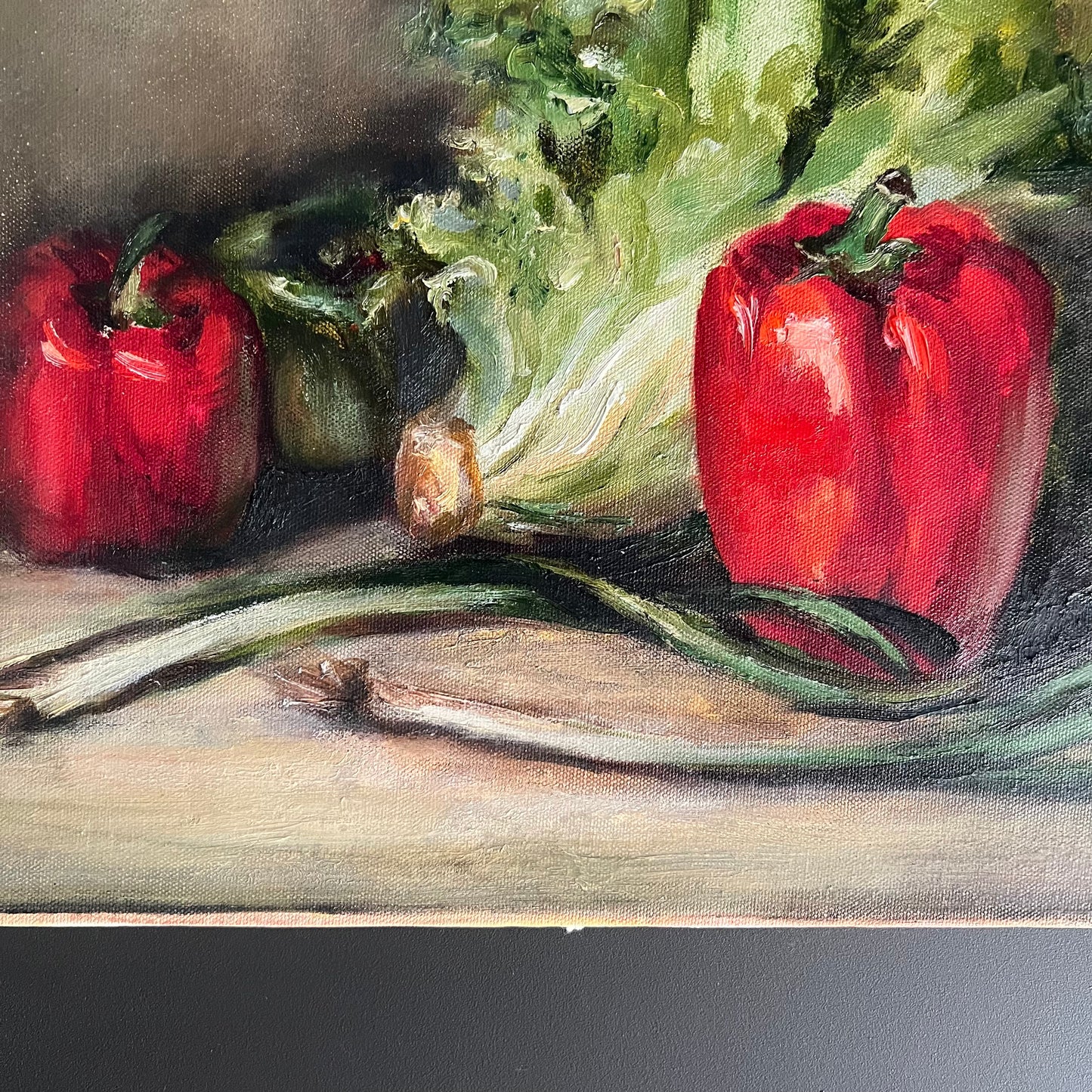Vintage Oil Painting Still Life Capsicums and Lettuce