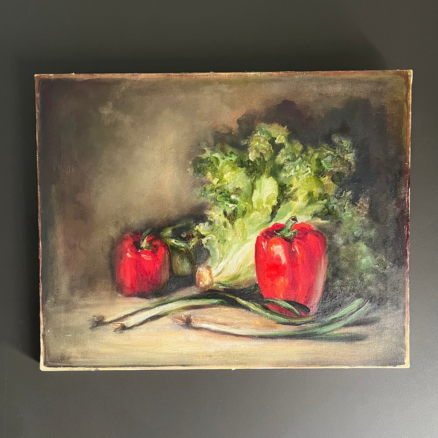 Vintage Oil Painting Still Life Capsicums and Lettuce
