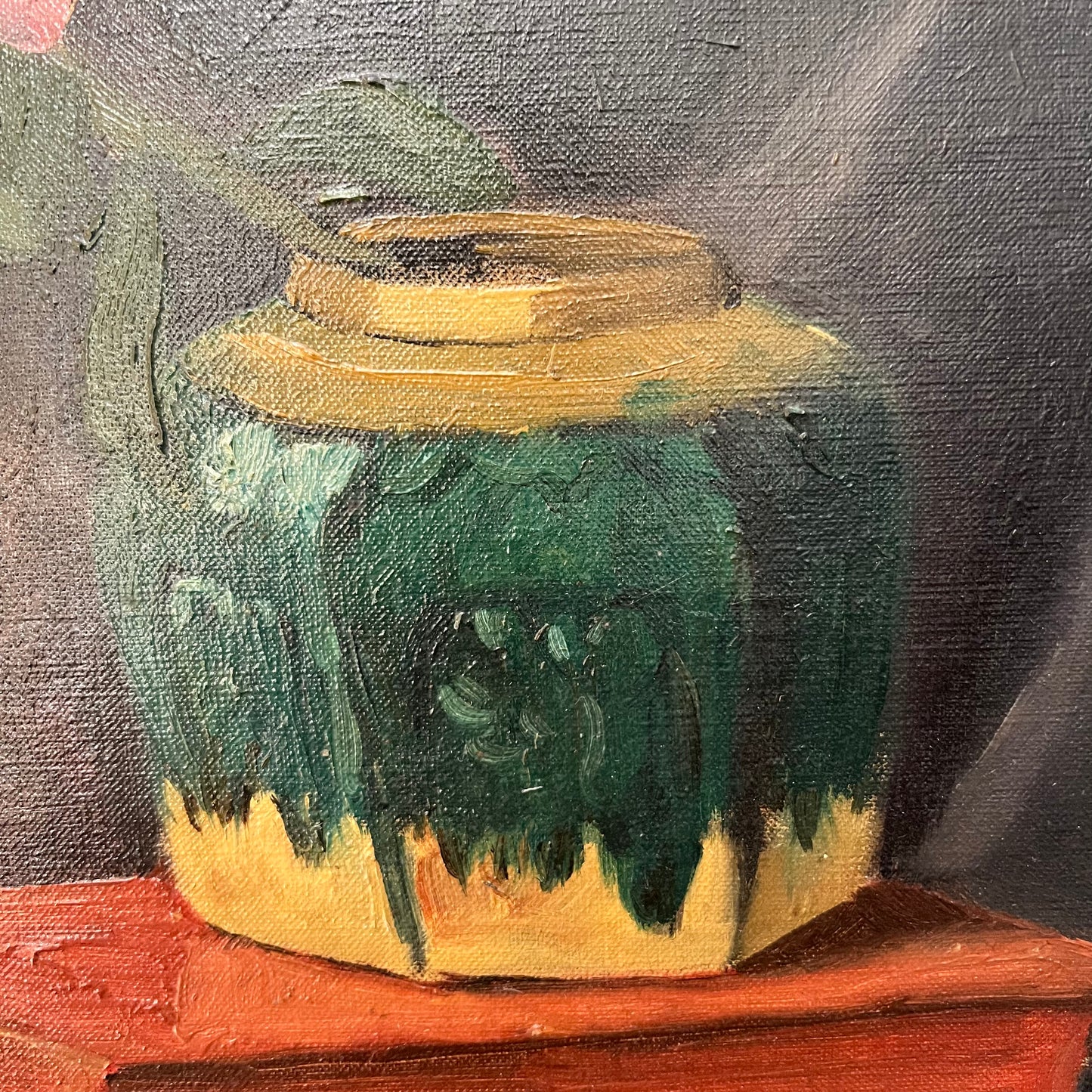 Vintage Oil Painting Still Life of Books, Ginger Jar & Rhododendron