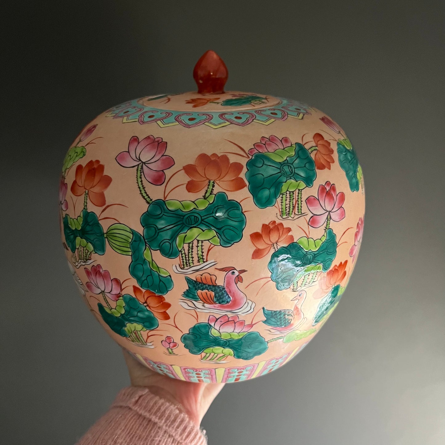 Large Chinese Porcelain Ginger Jar Lilypads & Birds