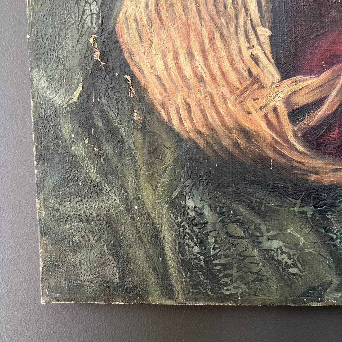 Rustic Antique Oil Painting Still Life of Vase, Apples & Basket