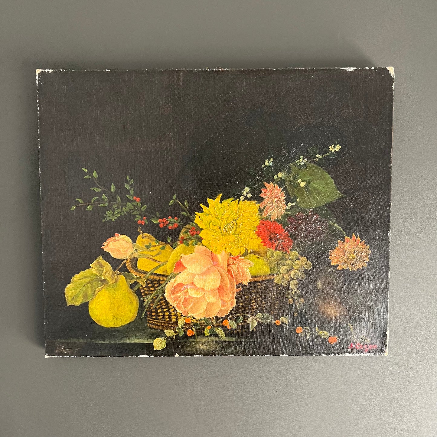 Antique Oil Painting French Still Life Blooms, Berries, Pears & Grapes