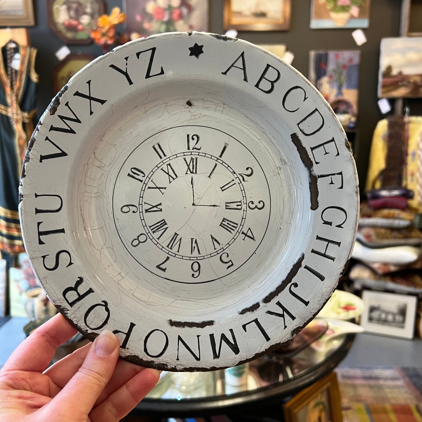 Rare Antique Chippy Enamel Early Learning Plate Clock, Numbers & Alphabet