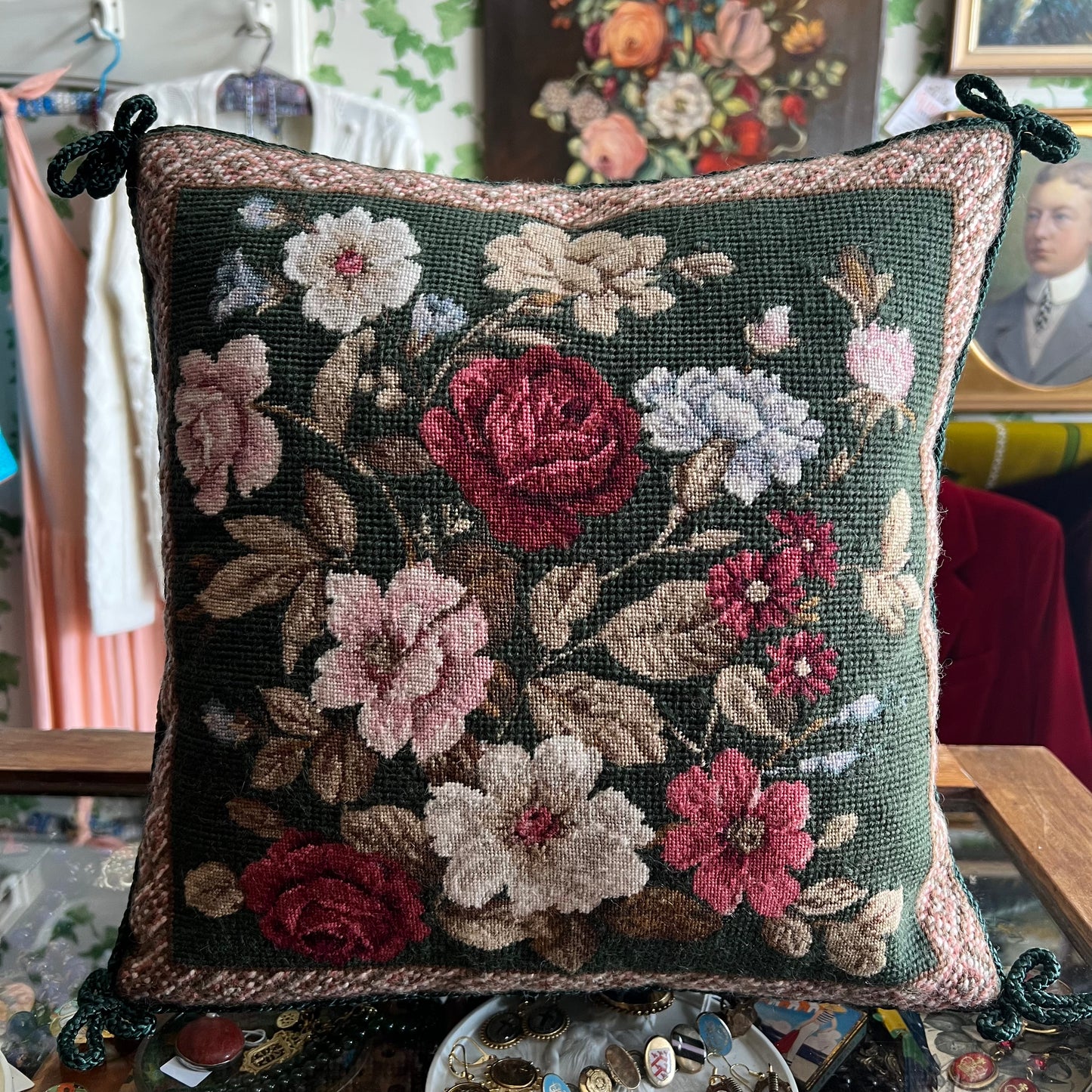 Stunning Roses & Blooms Needlepoint Wool Tapestry & Velvet Cushion