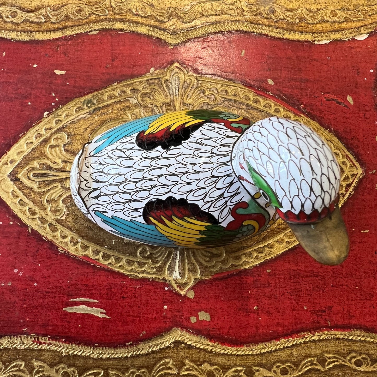 Vintage Cloisonné Brass Duck Box