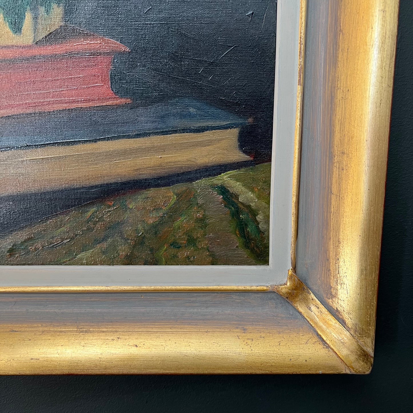 Vintage Oil Painting Still Life of Books, Ginger Jar & Rhododendron