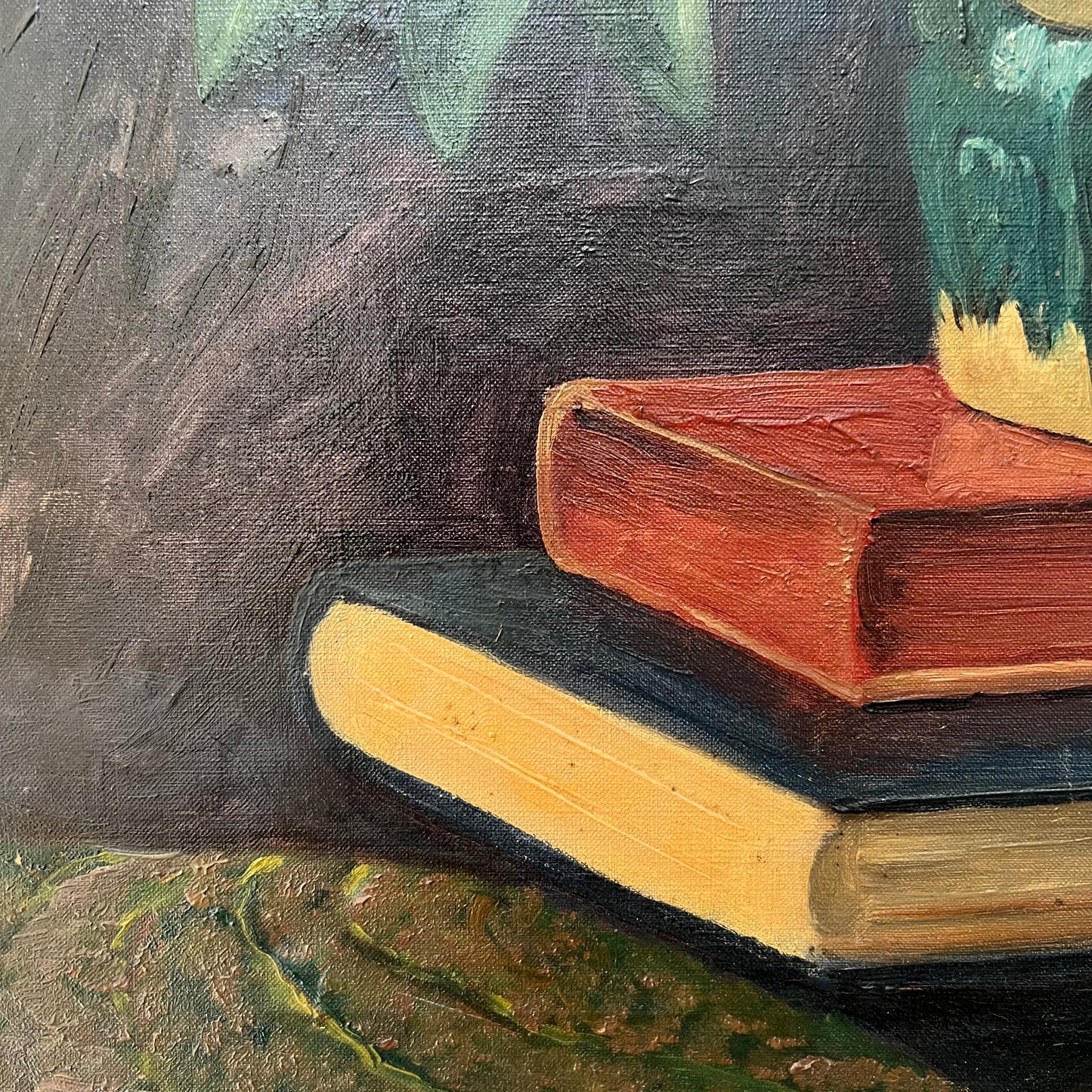 Vintage Oil Painting Still Life of Books, Ginger Jar & Rhododendron