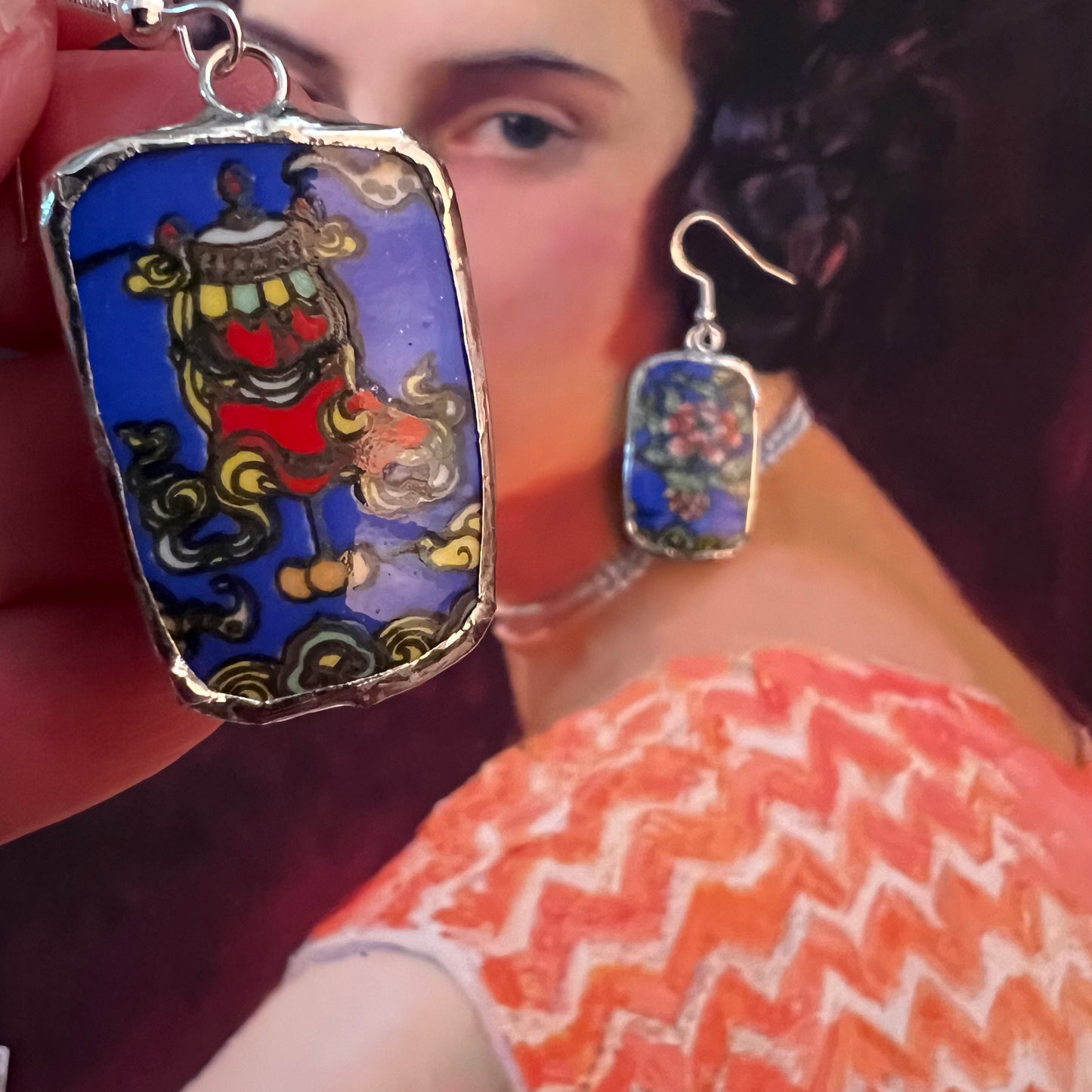 Vintage China Earrings Oriental Pattern