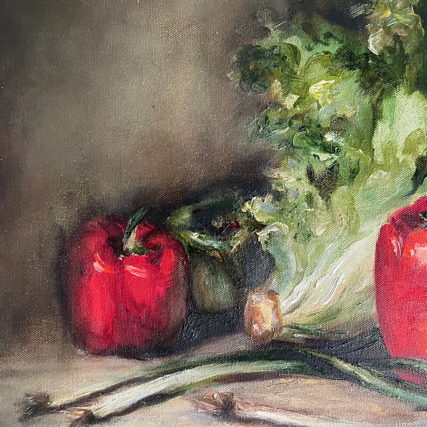 Vintage Oil Painting Still Life Capsicums and Lettuce