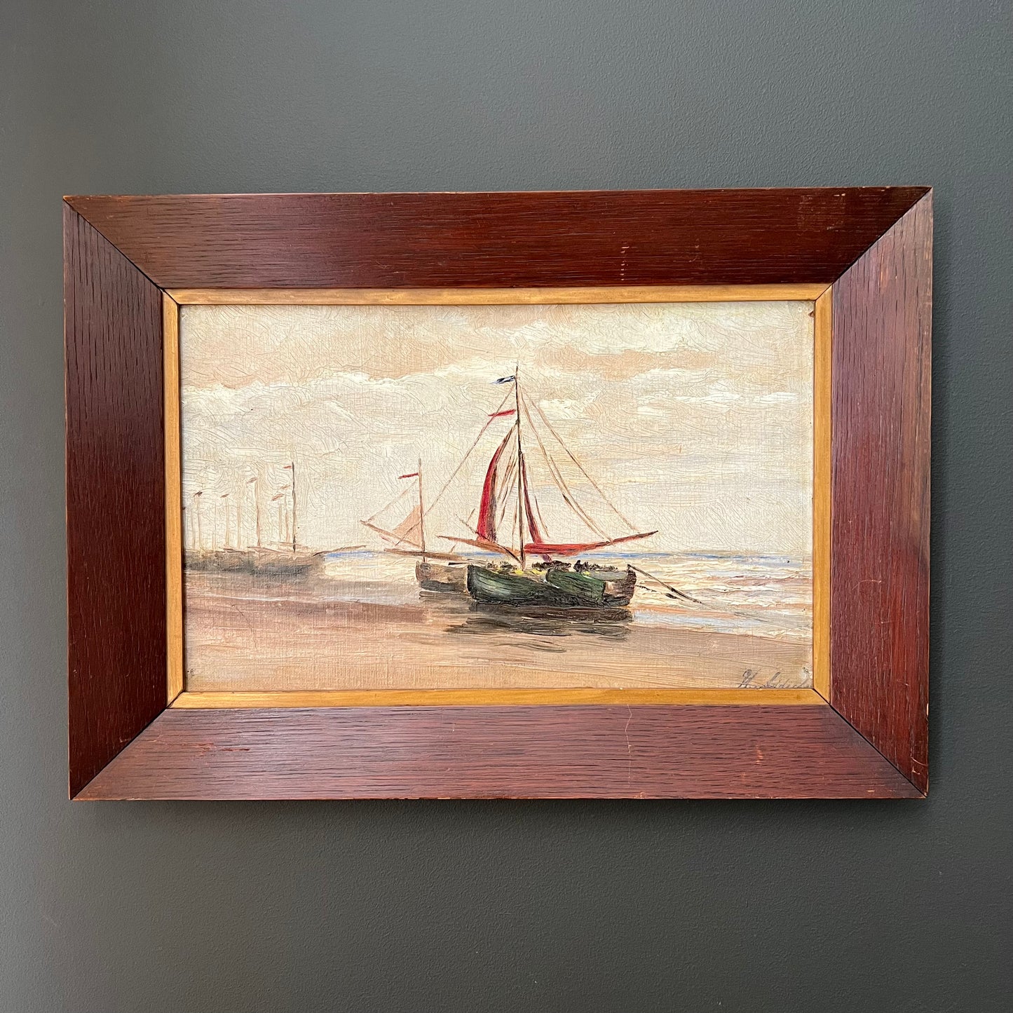 Antique Oil Painting Sailing Boats on the Seashore c1920
