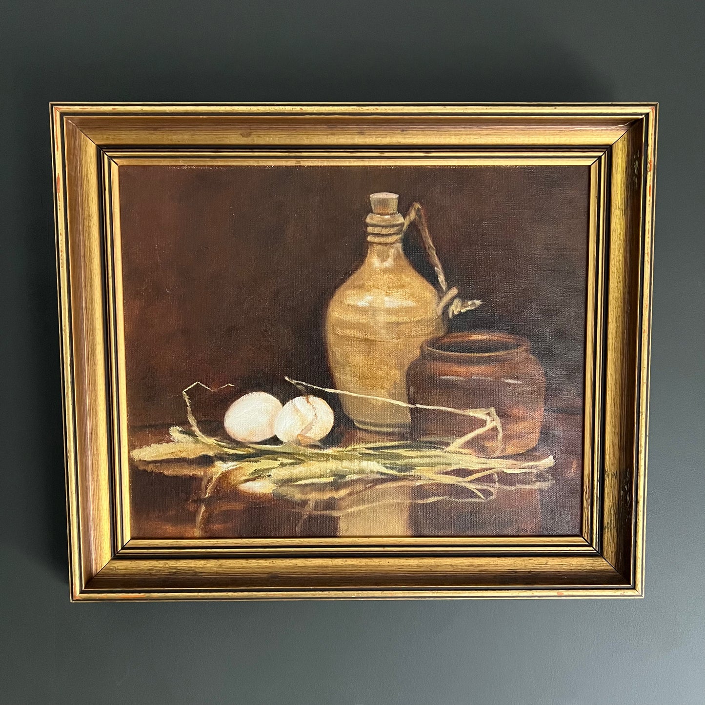 Vintage Still Life Painting Eggs & Stoneware