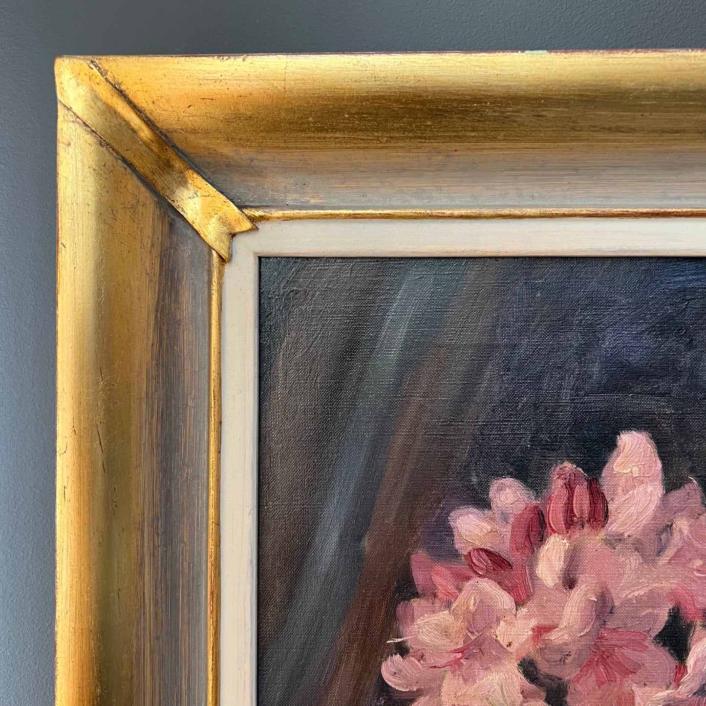 Vintage Oil Painting Still Life of Books, Ginger Jar & Rhododendron