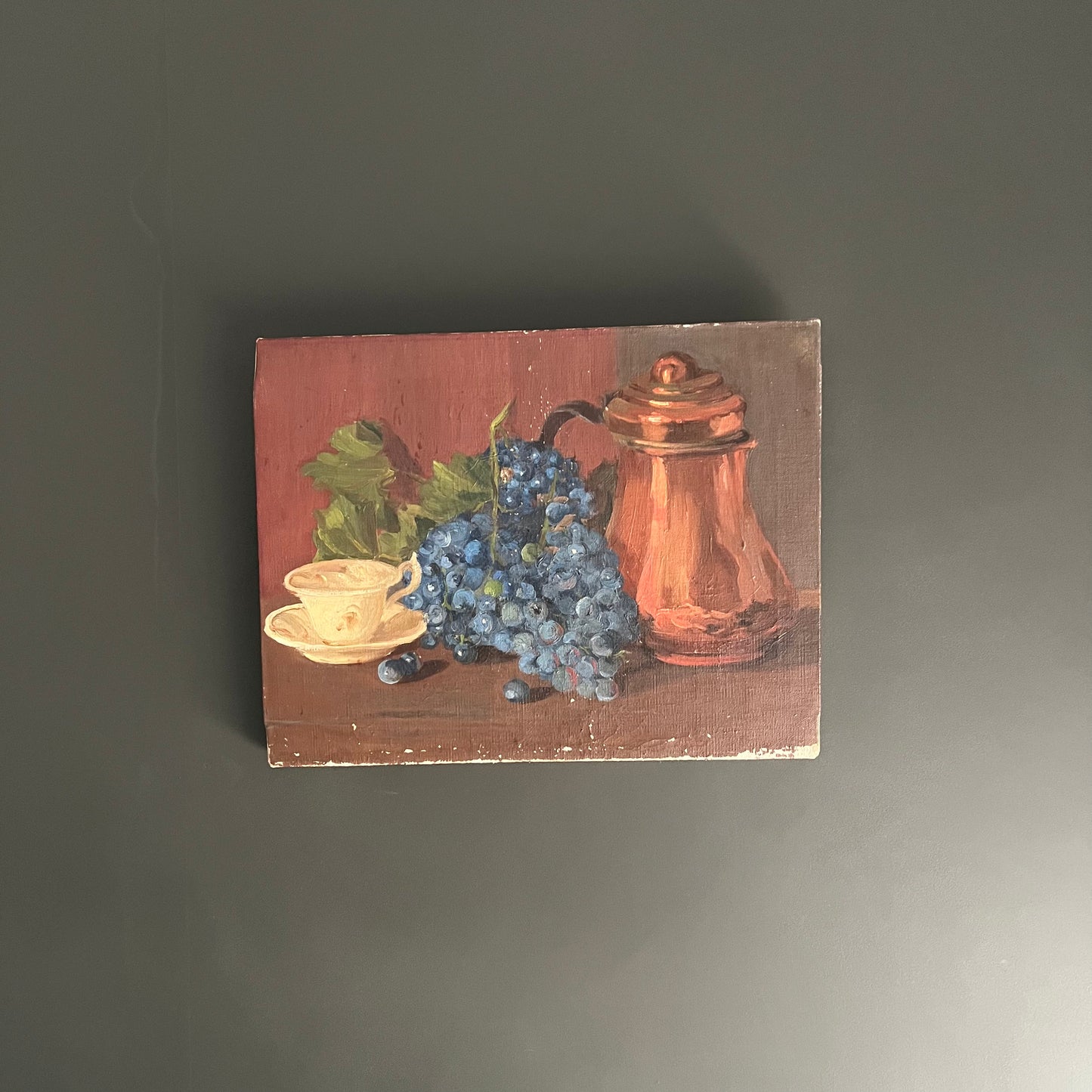 Vintage Oil Painting Still Life Copper Pot and Grapes with Cup and Saucer