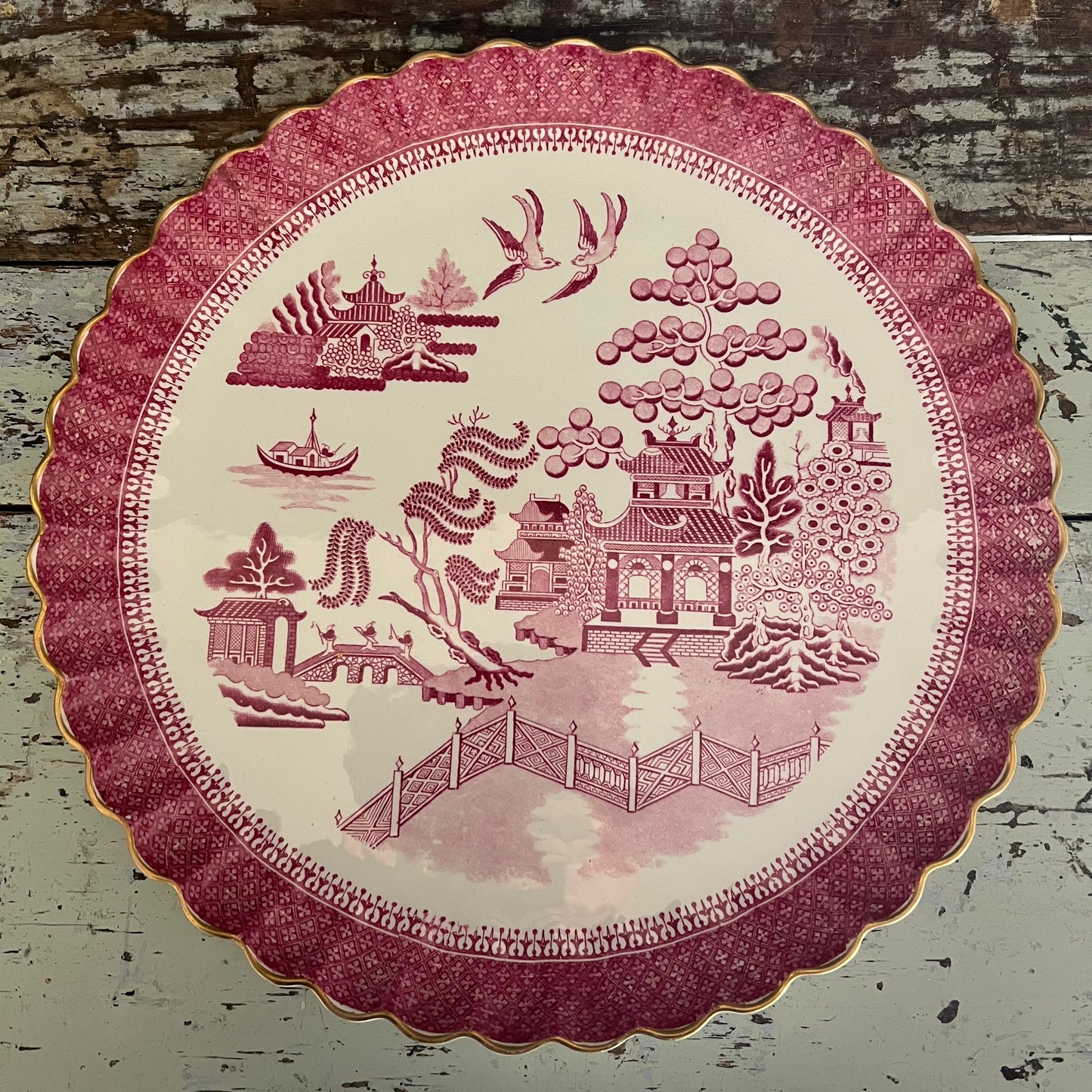 RARE Large Pink Willow Pattern Platter by Copeland c1879