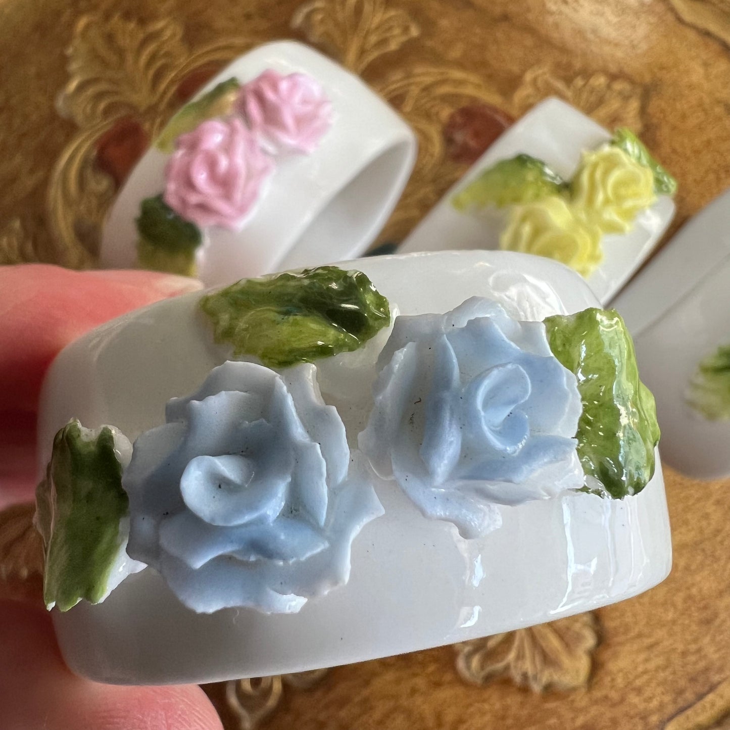 Vintage Porcelain Rose Napkin Rings Set 4