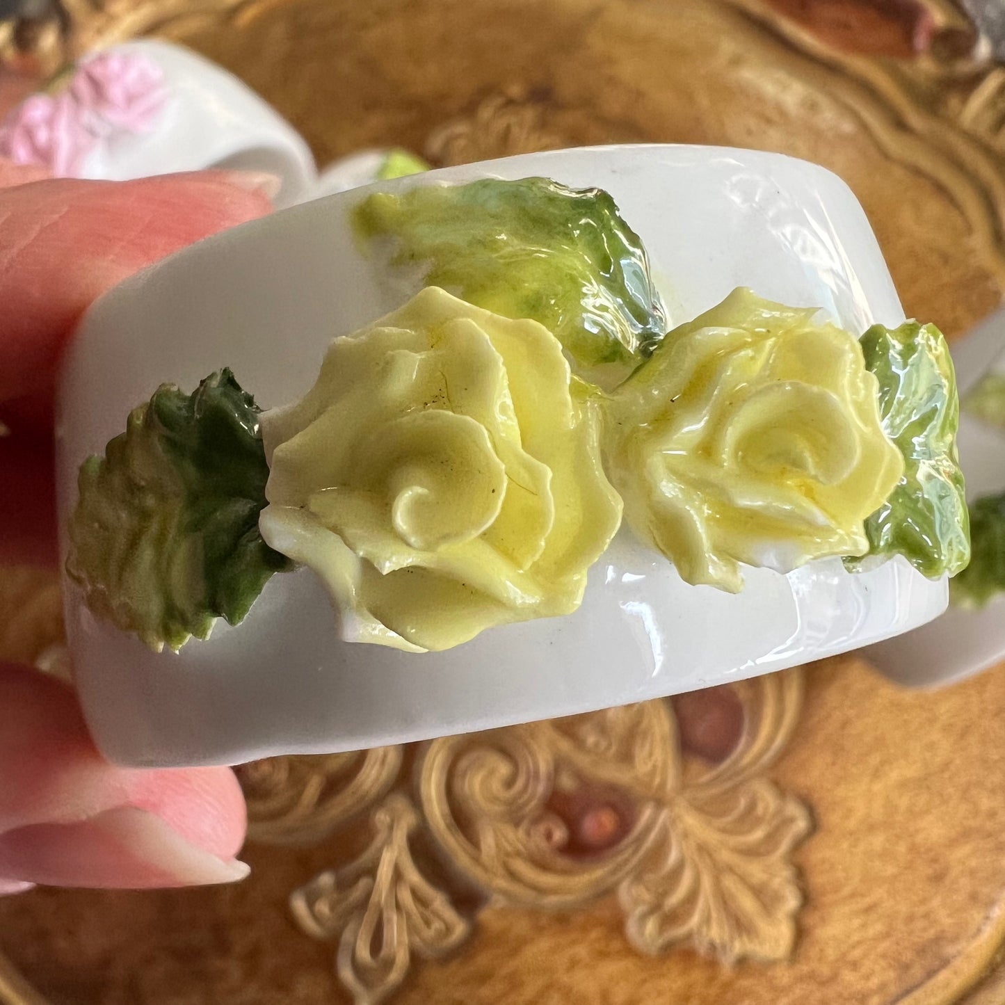 Vintage Porcelain Rose Napkin Rings Set 4