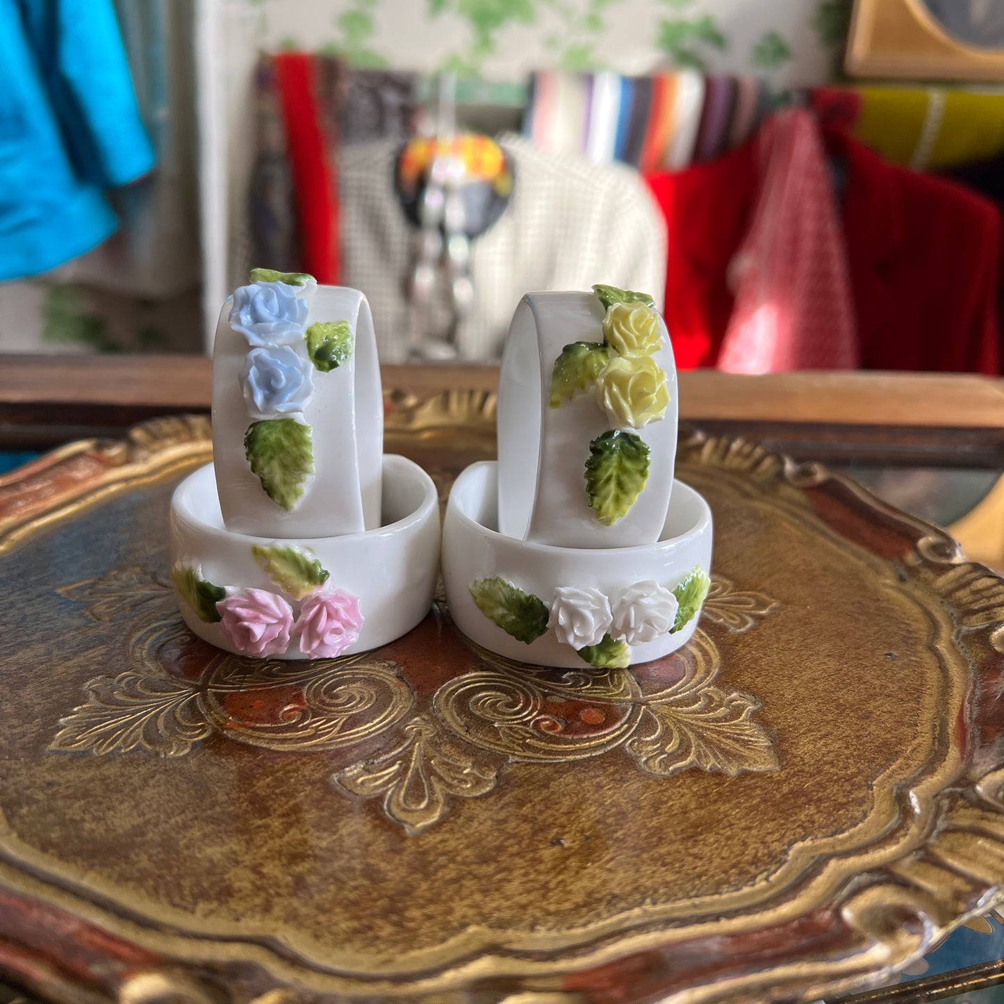 Vintage Porcelain Rose Napkin Rings Set 4