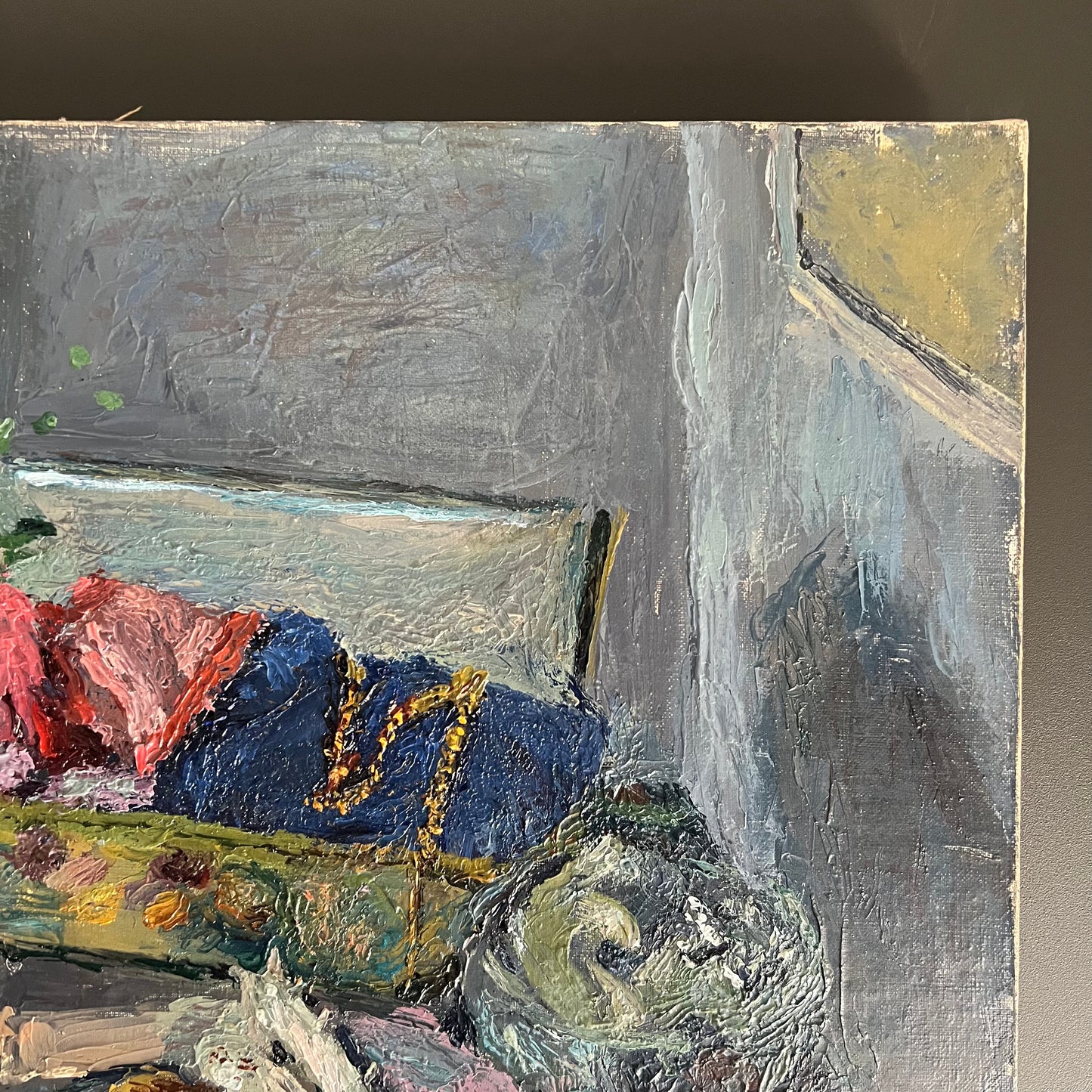 Vintage Oil Painting Still Life Ribbons Shells and Rose French 1960