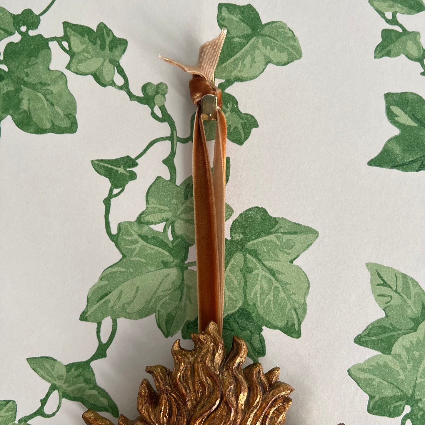 Golden Sacred Heart with Flame & Velvet Ribbon
