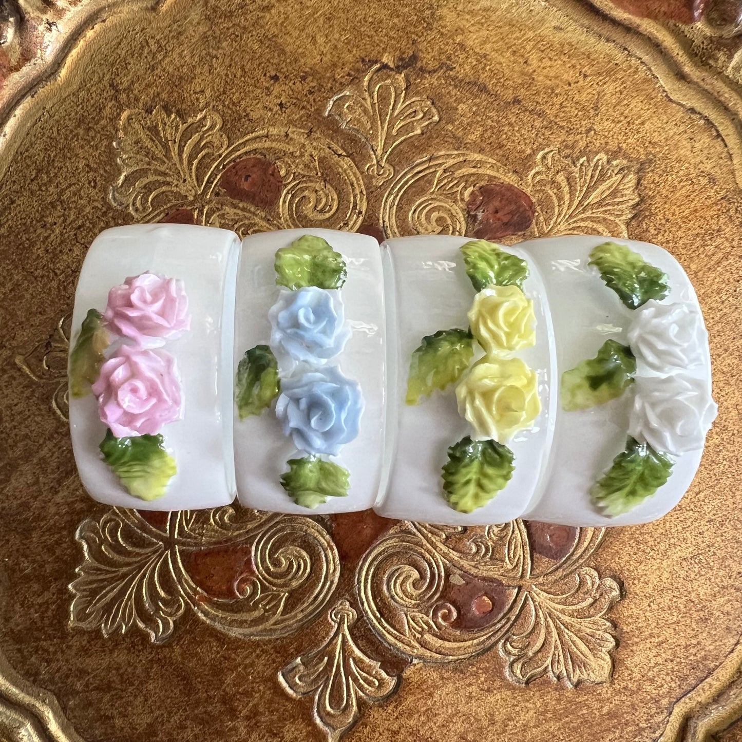 Vintage Porcelain Rose Napkin Rings Set 4