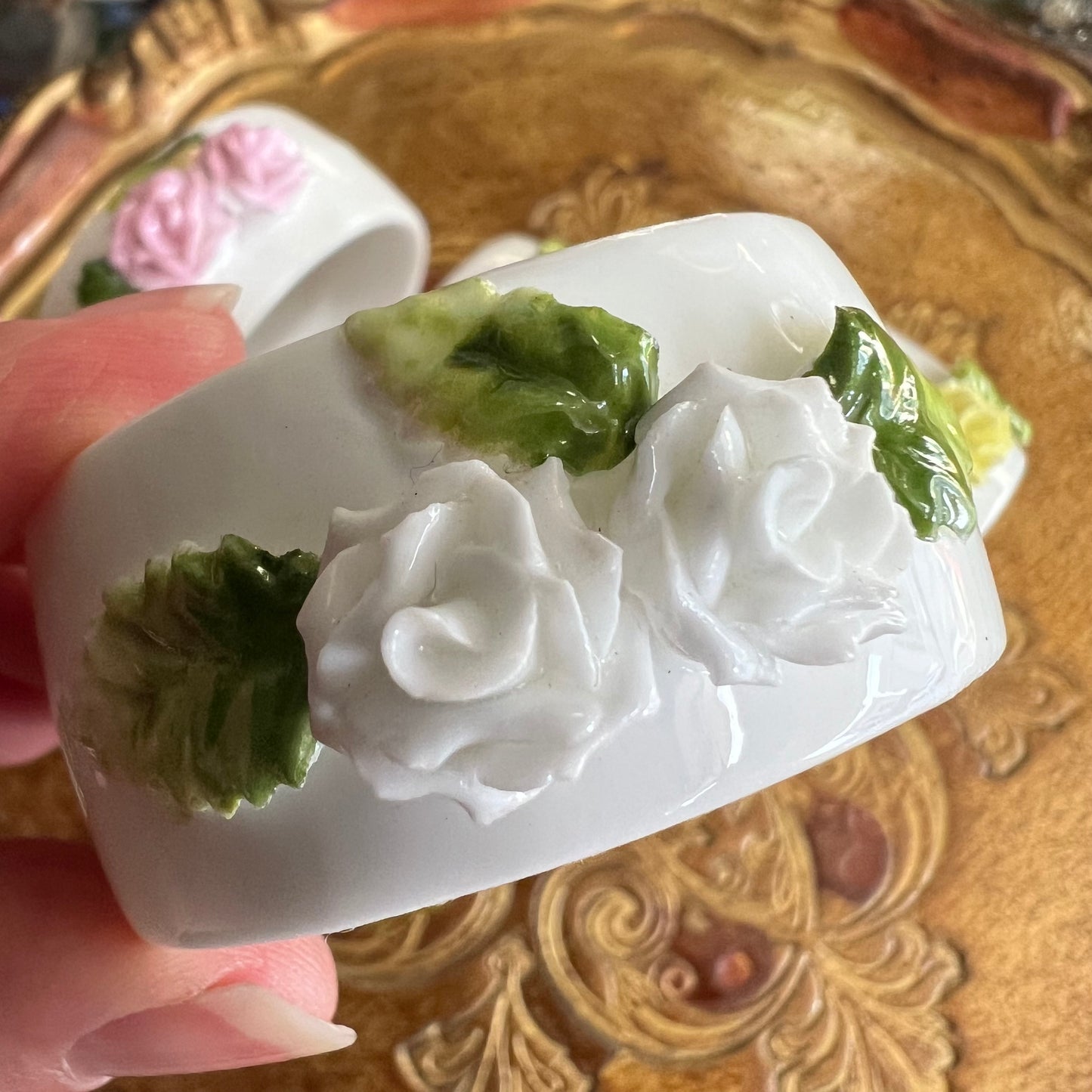 Vintage Porcelain Rose Napkin Rings Set 4