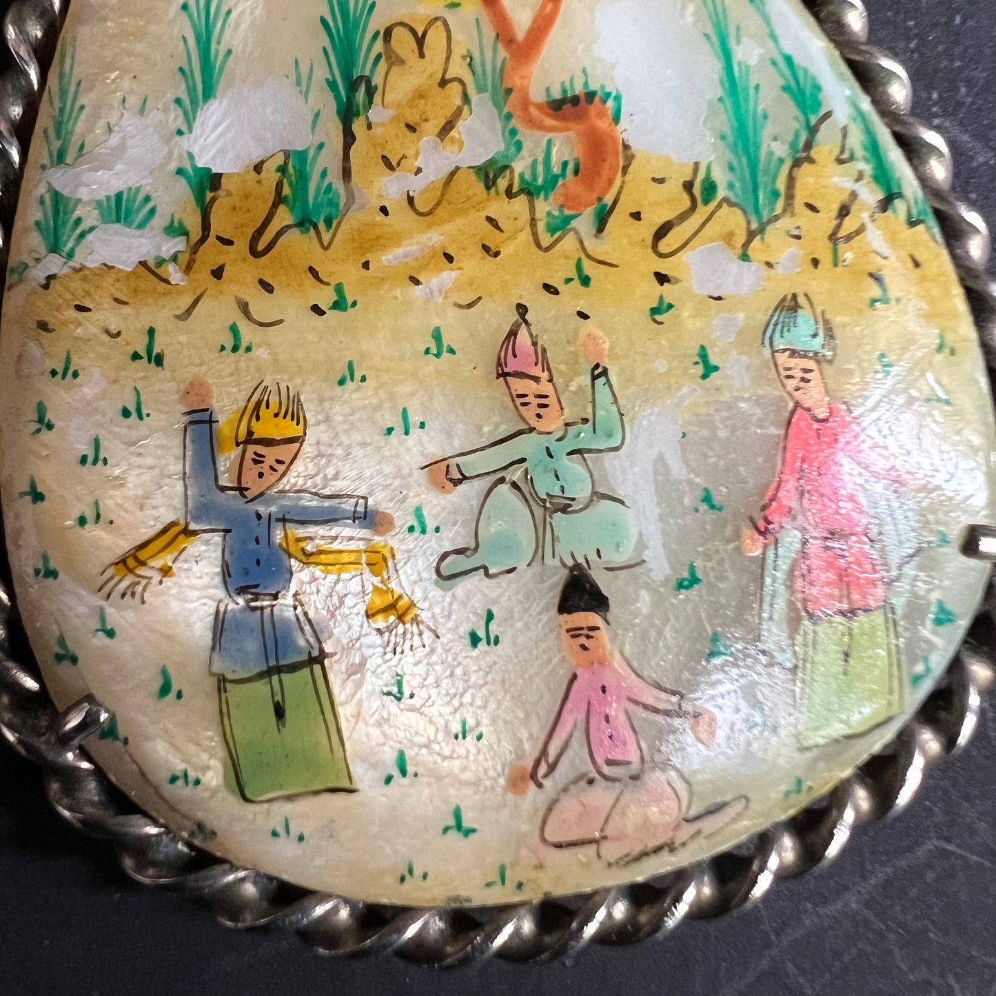 Vintage Persian Sterling Silver Mother of Pearl Double Sided Hand Painted Pendant