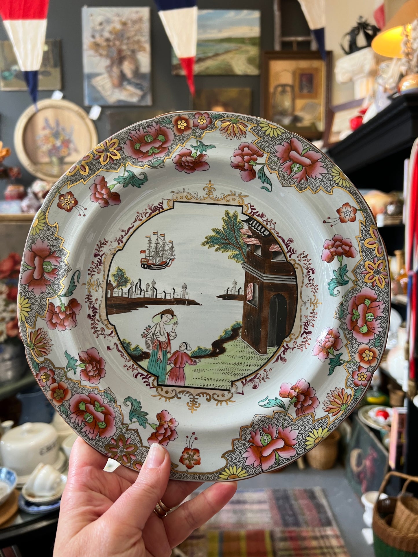 Rare Antique Spode Stone China ‘Ship’ Chinoiserie Plate c1815