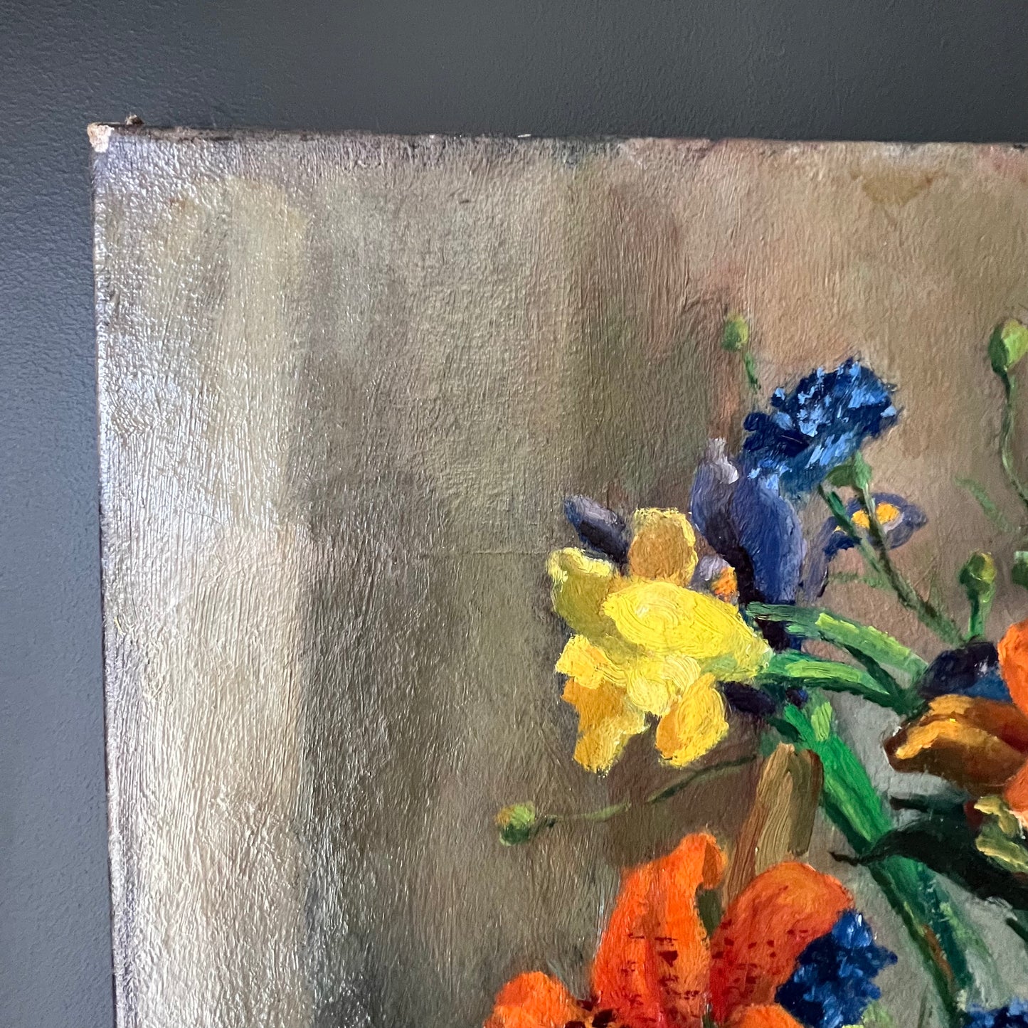 Vintage Oil Painting Still Life of Vibrant Blooms in Kettle