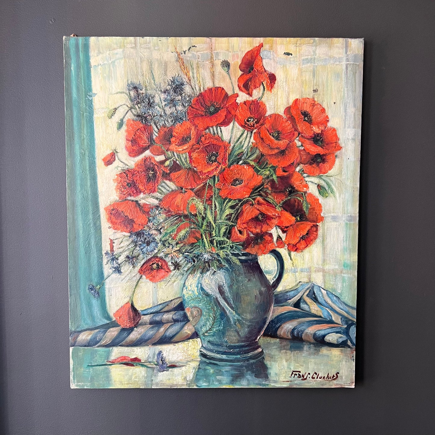 Vintage Dutch Still Life Oil Painting Poppies and Cornflowers in Jug
