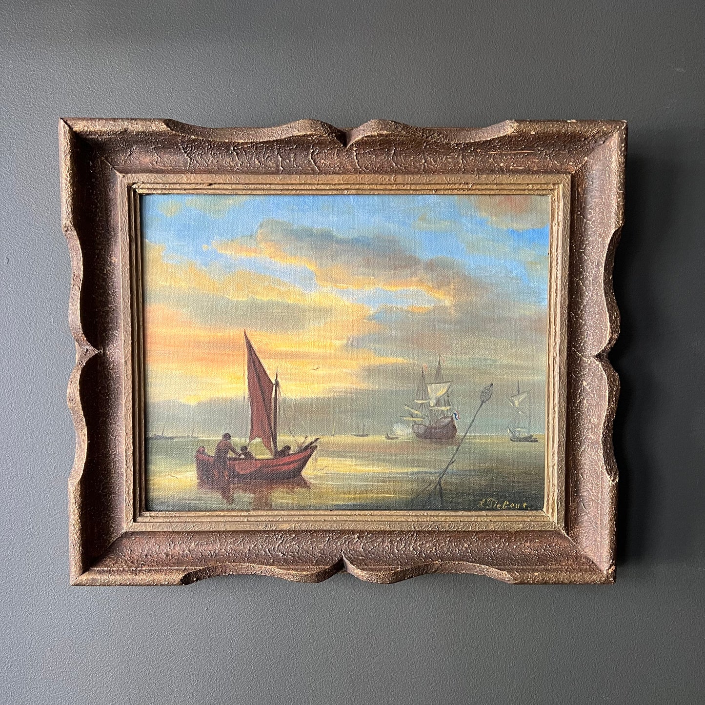 Vintage Dutch Oil Painting Boats at Sunset