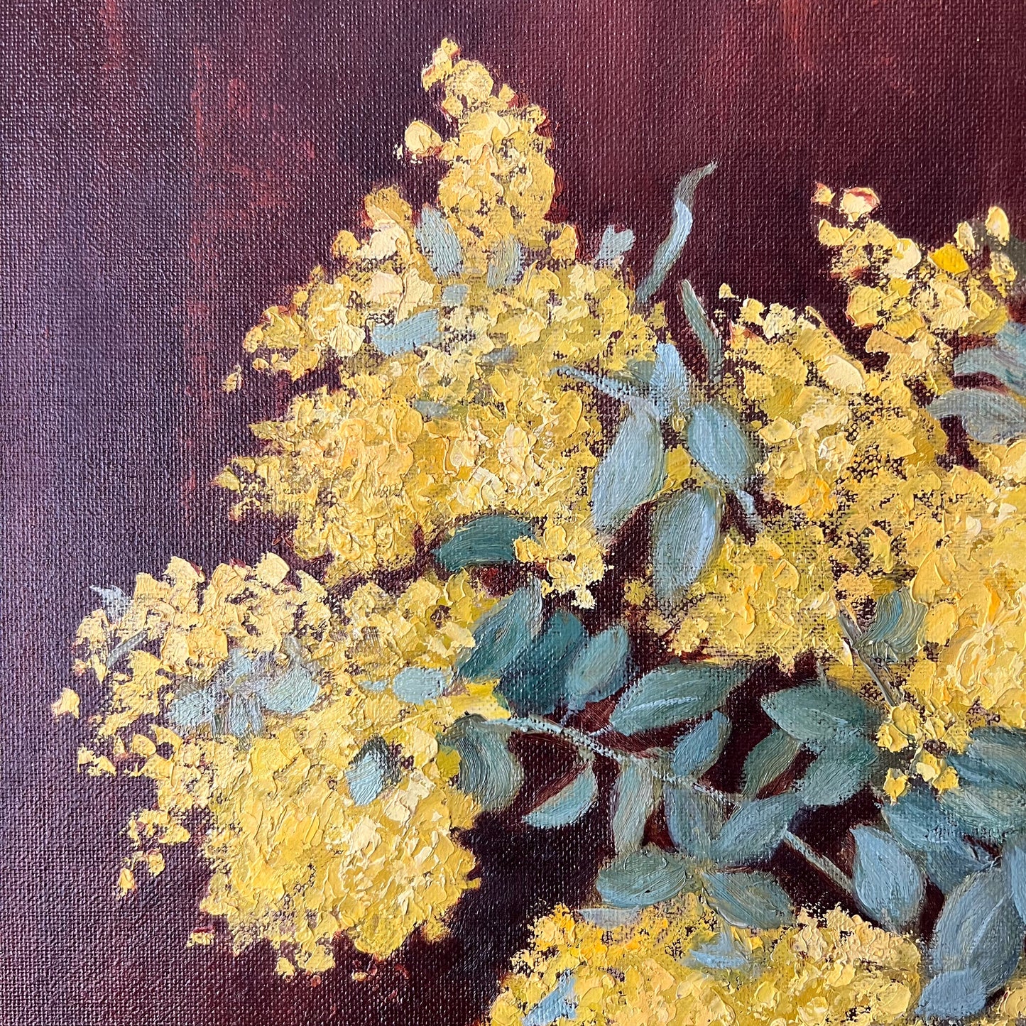 Vintage Oil Painting Still Life of Golden Wattle