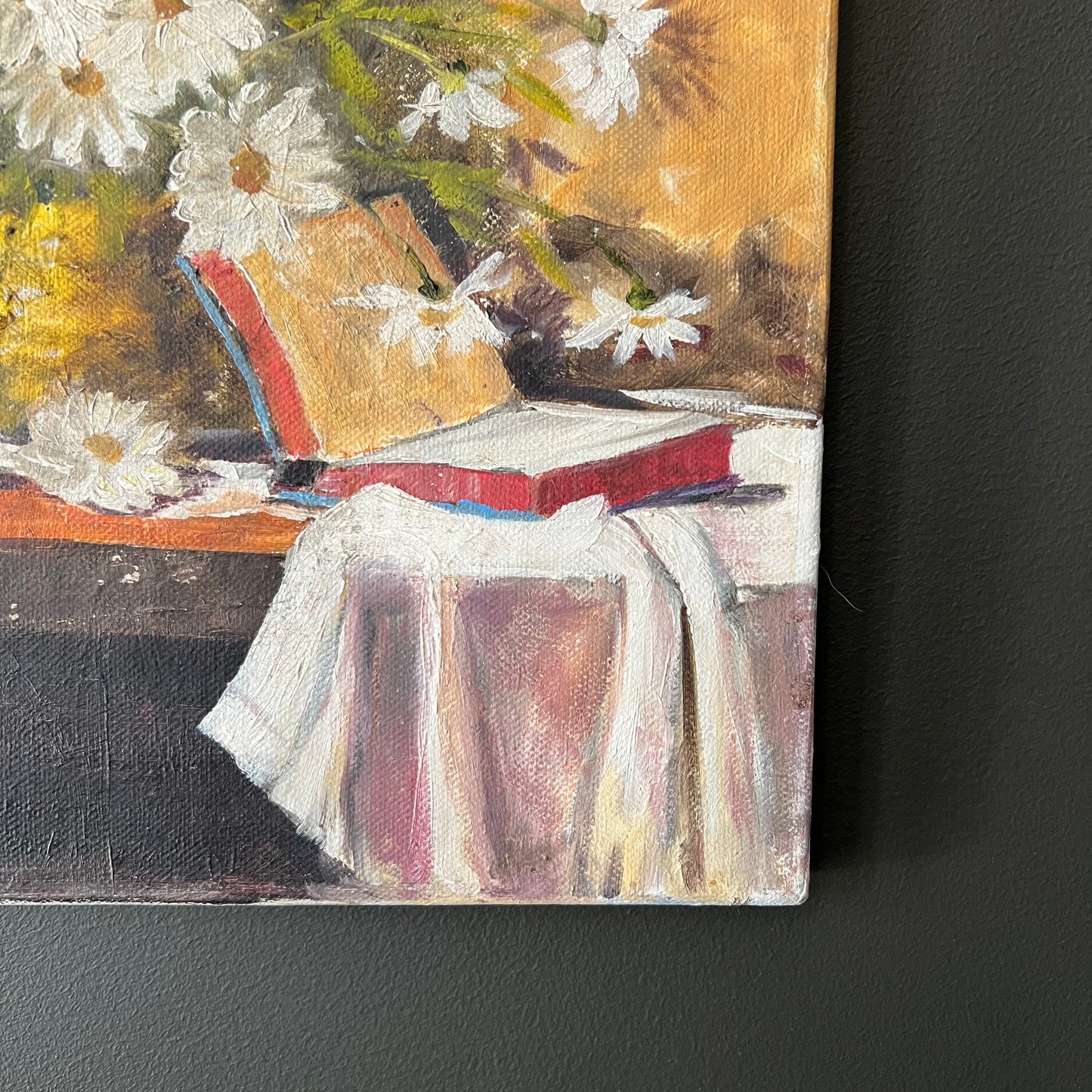 Vintage Oil Painting Still Life of Daisies and Book