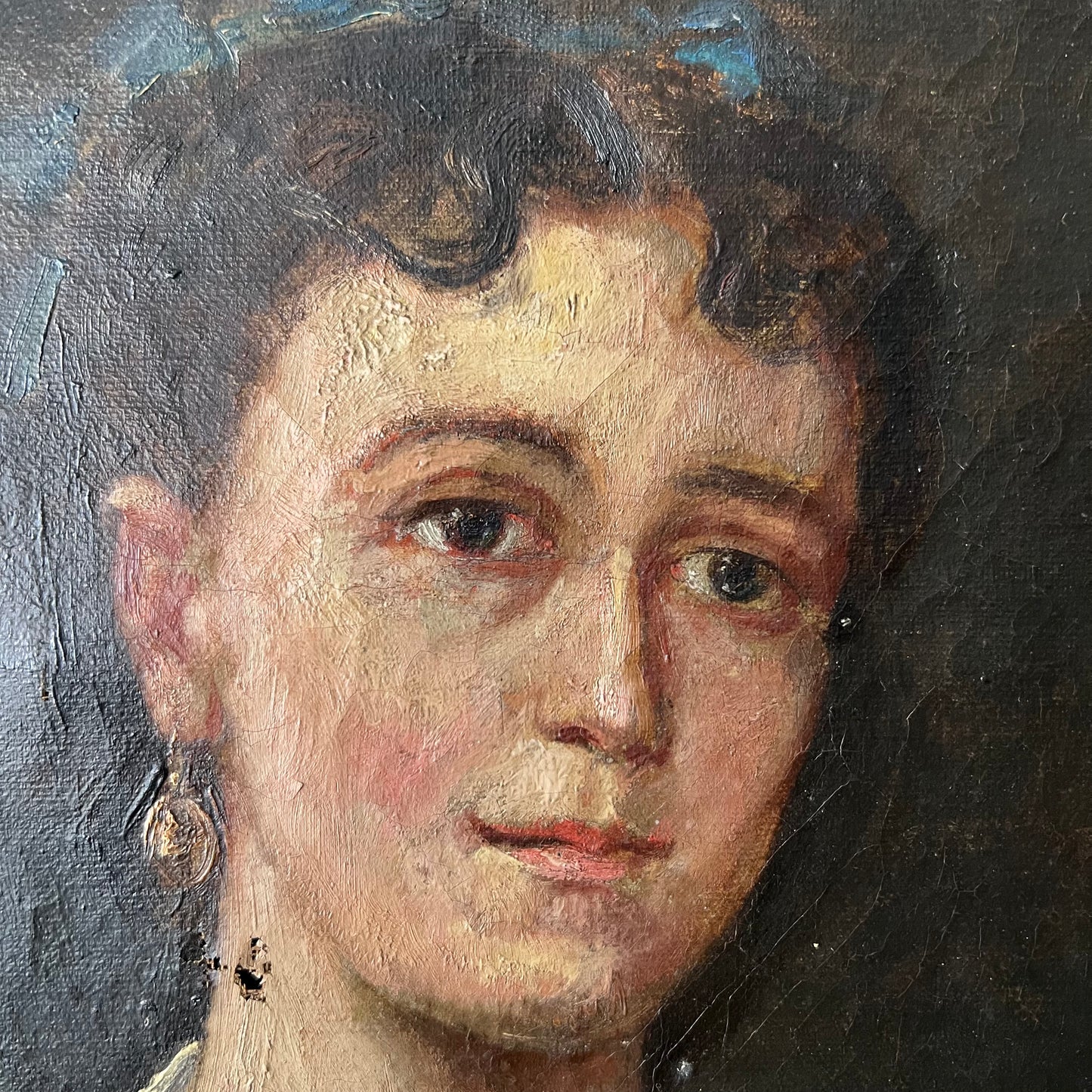 Antique French Oil Painting Portrait of Girl with Blue Bows 1800s
