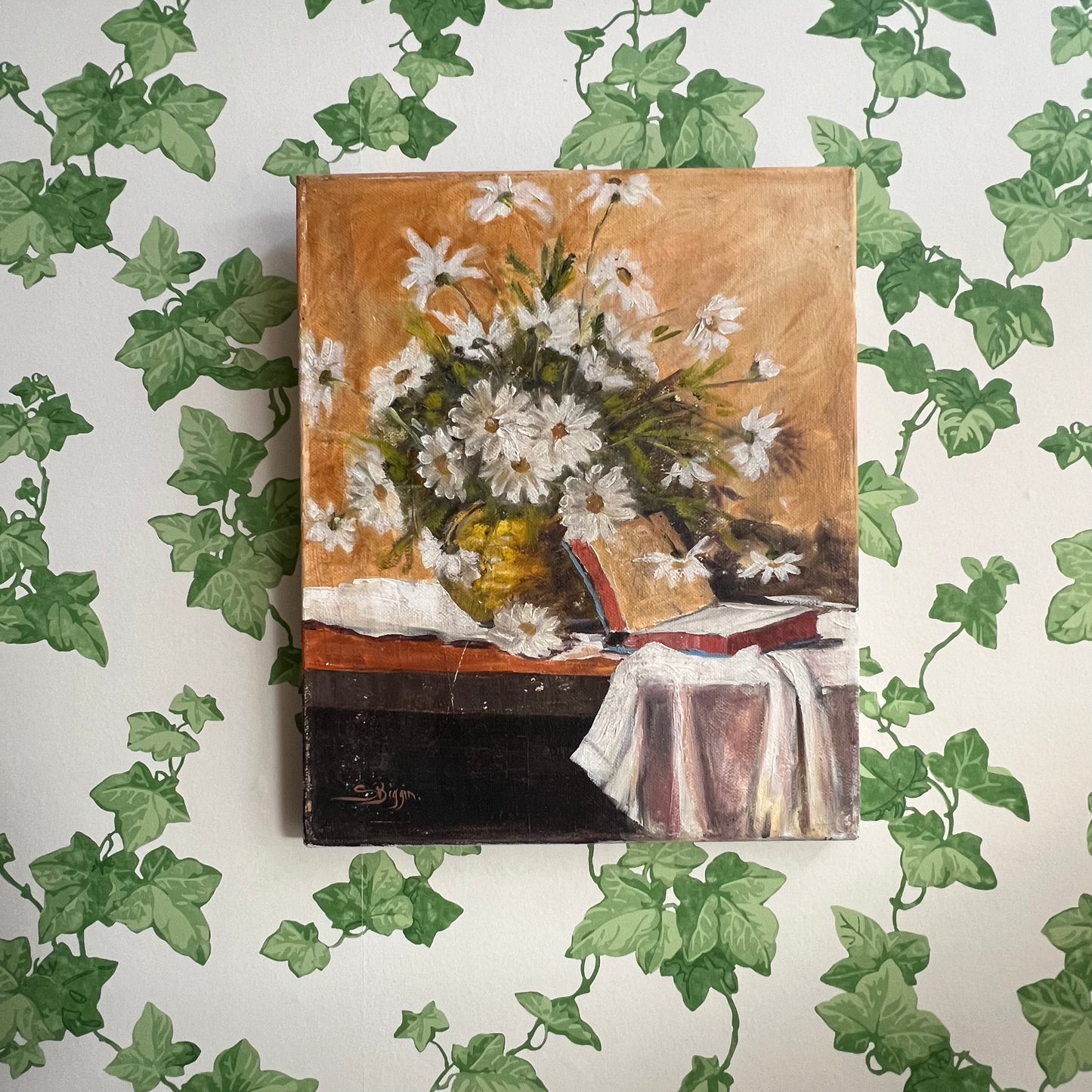 Vintage Oil Painting Still Life of Daisies and Book