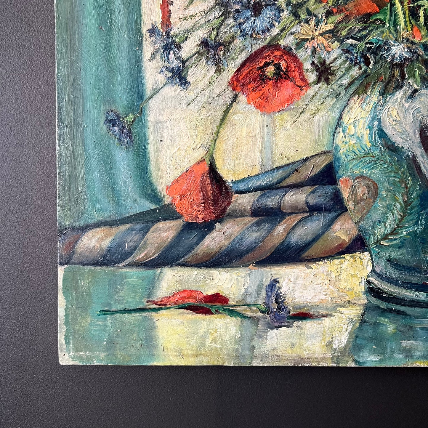 Vintage Dutch Still Life Oil Painting Poppies and Cornflowers in Jug