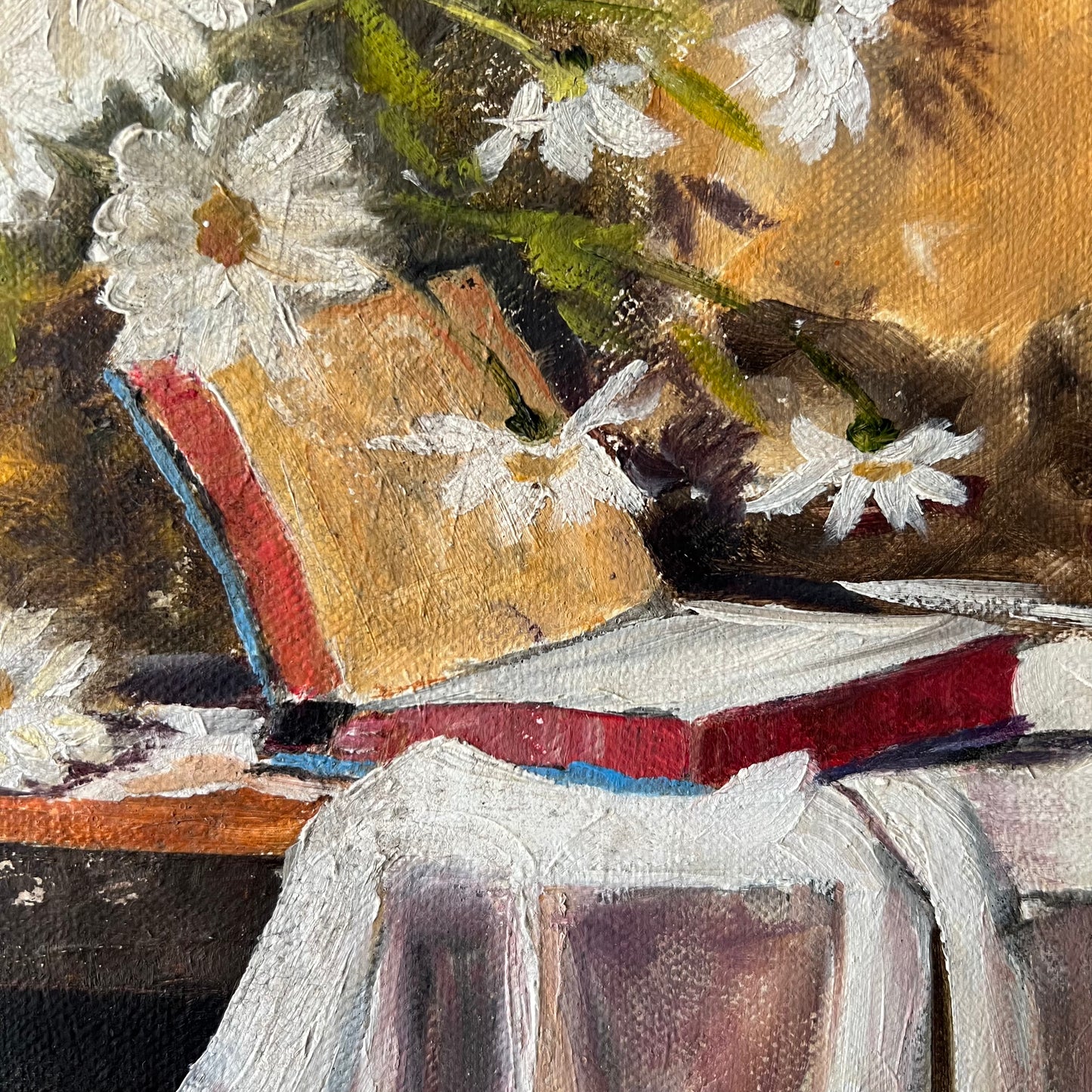Vintage Oil Painting Still Life of Daisies and Book