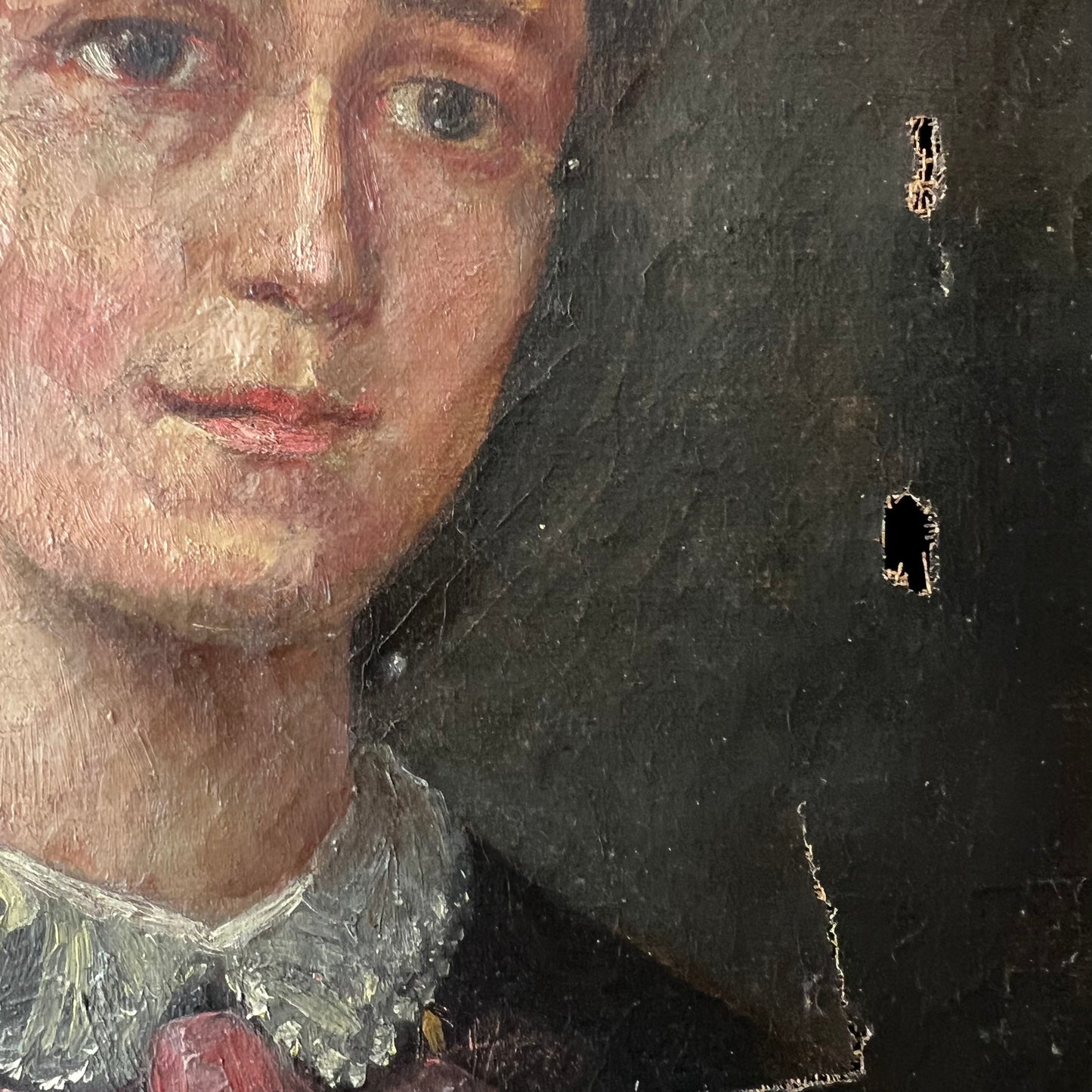 Antique French Oil Painting Portrait of Girl with Blue Bows 1800s